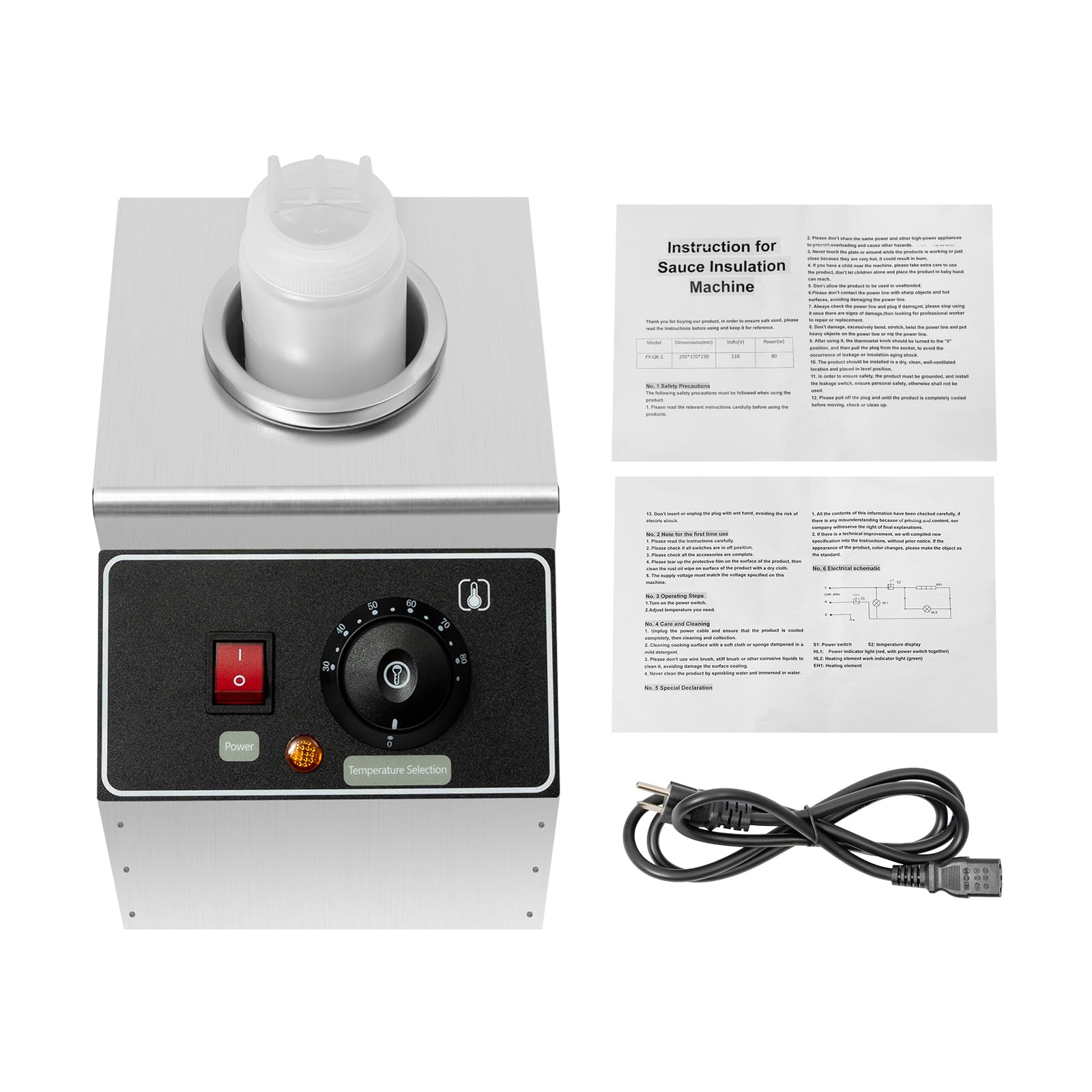 Commercial Electric Sauce Warmer Dispenser 240W - Stainless Steel Countertop Sauce Dispenser with Bottle - Adjustable Temperature 30-85℃ for Chili, Hot Fudge, Cheese, Caramel & Jam - Perfect for Restaurants, Cafes & Catering Events (1 Bottle)