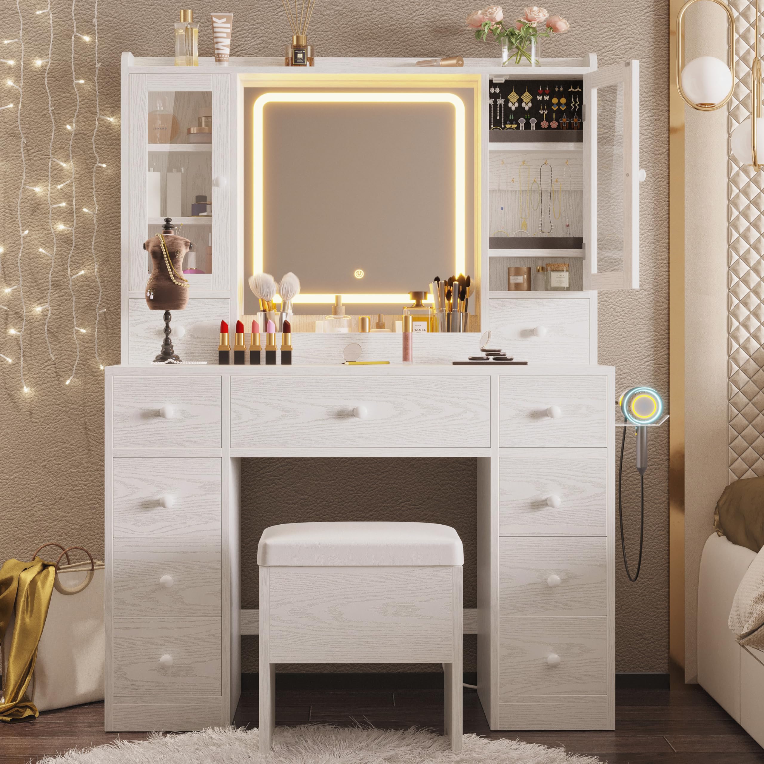 IRONCK White Vanity Desk with LED Lights Mirror & Charging Station - Makeup Dressing Table with Storage Bench & 11 Drawers for Bedroom | Perfect for Makeup Organization, Beauty Routine & Small Space Decor