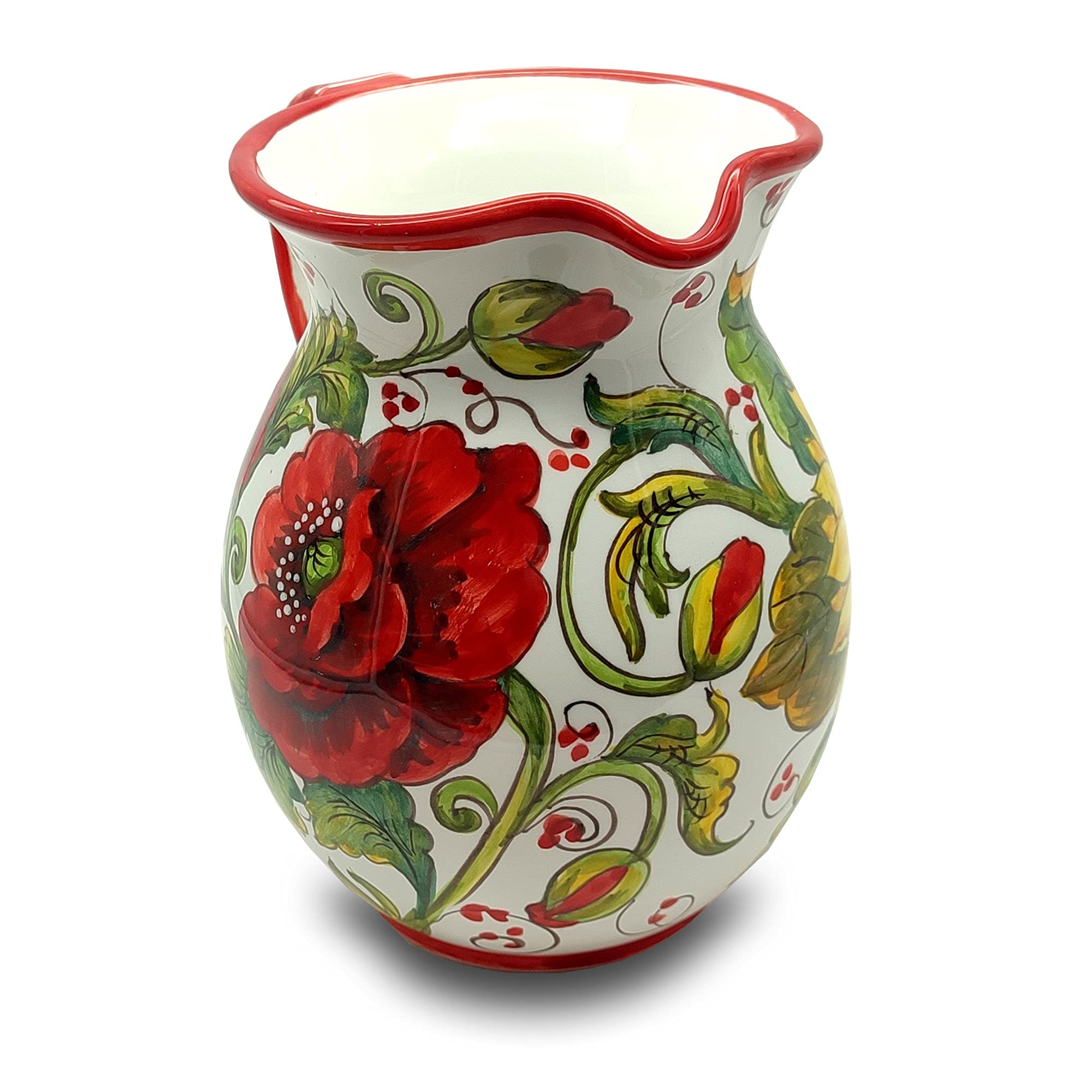 Italian Ceramic Pitcher with Poppies & Sunflower Design - 33 oz Hand-Painted Kitchen Utensil Holder, Carafe & Wine Decanter - Authentic Tuscan Pottery from Italy - Elegant Home Decor for Dining Room, Kitchen & Wine Bar
