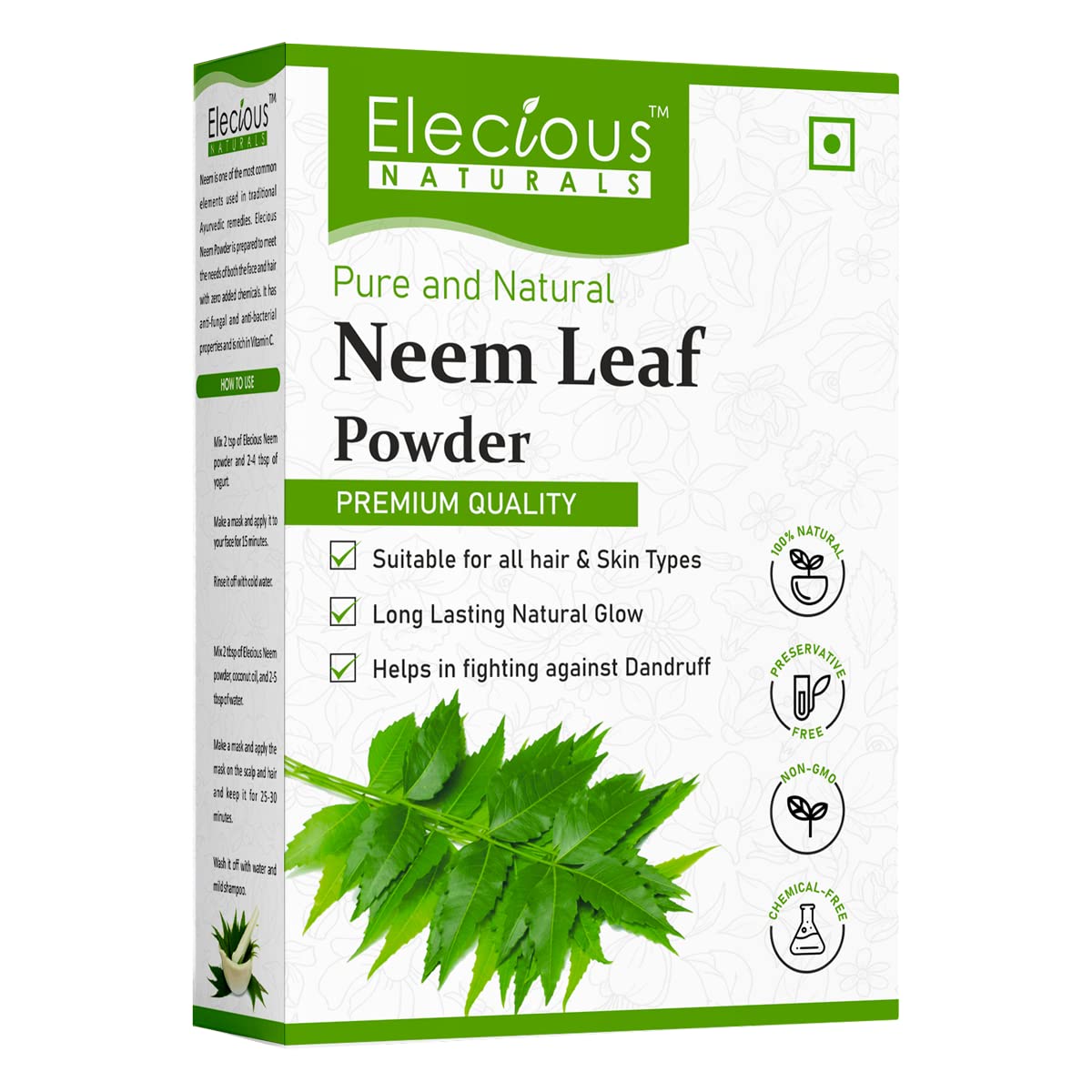 Elecious 100% Pure Neem Powder for Face, Skin & Hair Care (200g) - Natural Anti-Pimple, Anti-Bacterial Treatment, Dandruff Solution | Chemical-Free, Preservative-Free, Paraben-Free | DIY Face Mask & Hair Pack for Acne & Scalp Health