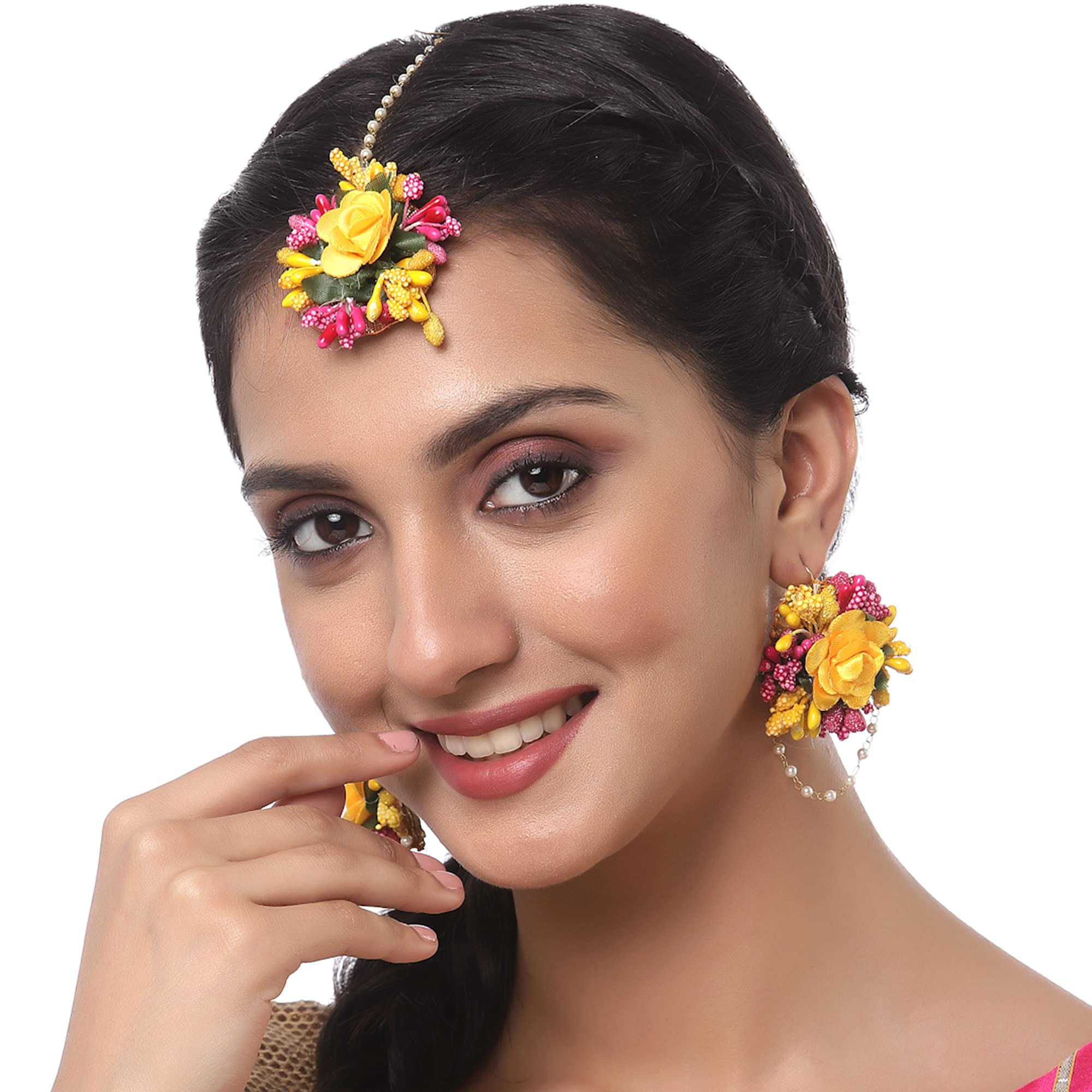 Gold-Plated Pearl & Gota Patti Flower Haldi Mehendi Maang Tikka with Earrings Set - Indian Bridal Jewelry for Wedding, Haldi Ceremony & Mehendi Function