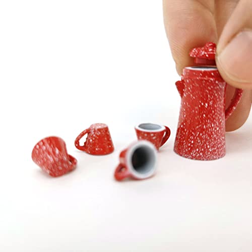 1:12 Scale Miniature Spotted Coffee Pot Set with 4 Cups & Tray - Japanese Style Dollhouse Kitchen Accessories for Dollhouse Decor & Tea Party Scenes (Red)