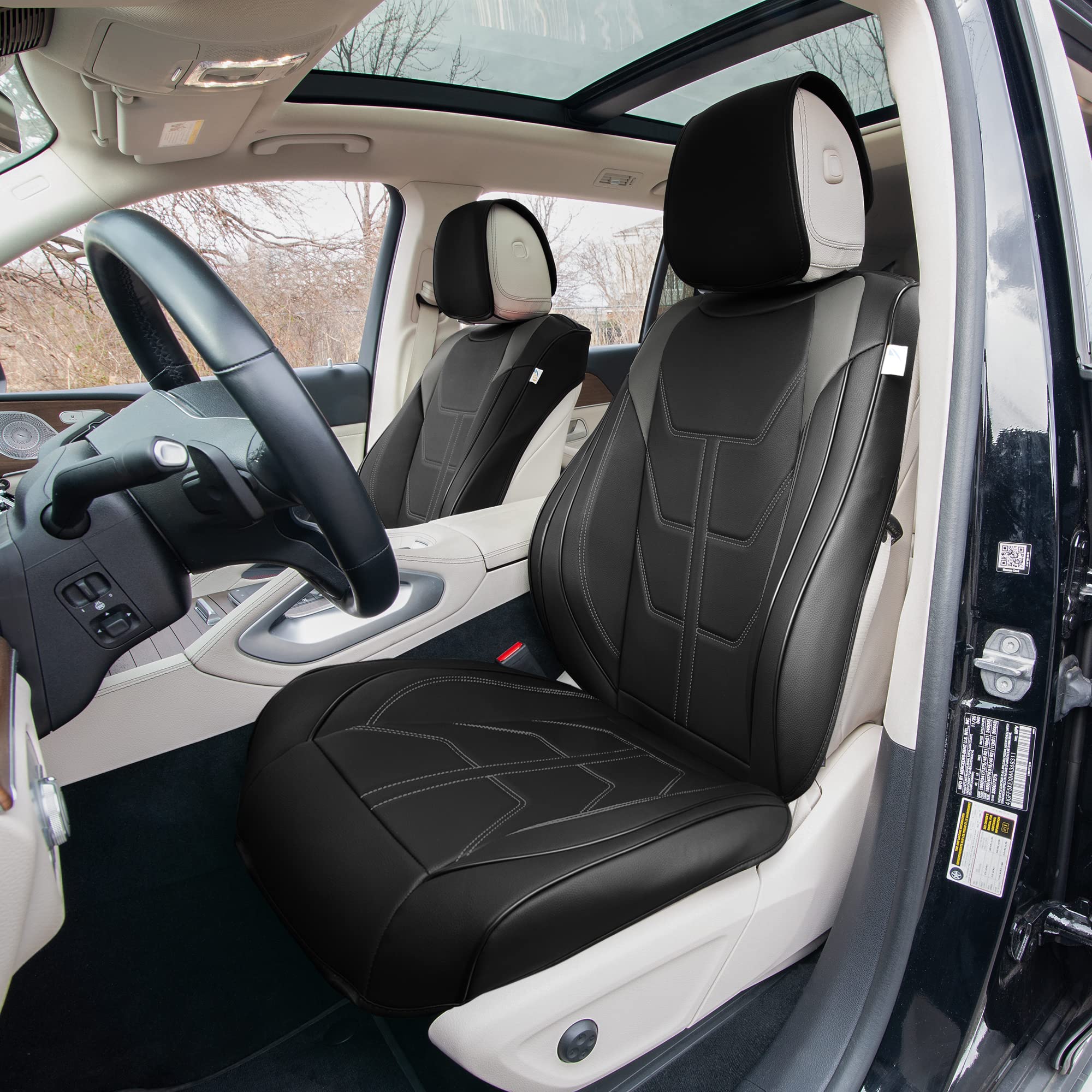 TLH Bionic70 Deluxe Faux Leather Gray Car Seat Covers with Contrast Stitching - 2 Pack Universal Fit Waterproof Seat Protectors for Cars, Trucks & SUVs | Front Set Car Seat Cushions for Comfort & Style | Perfect for Daily Commute, Road Trips & Vehicle Protection
