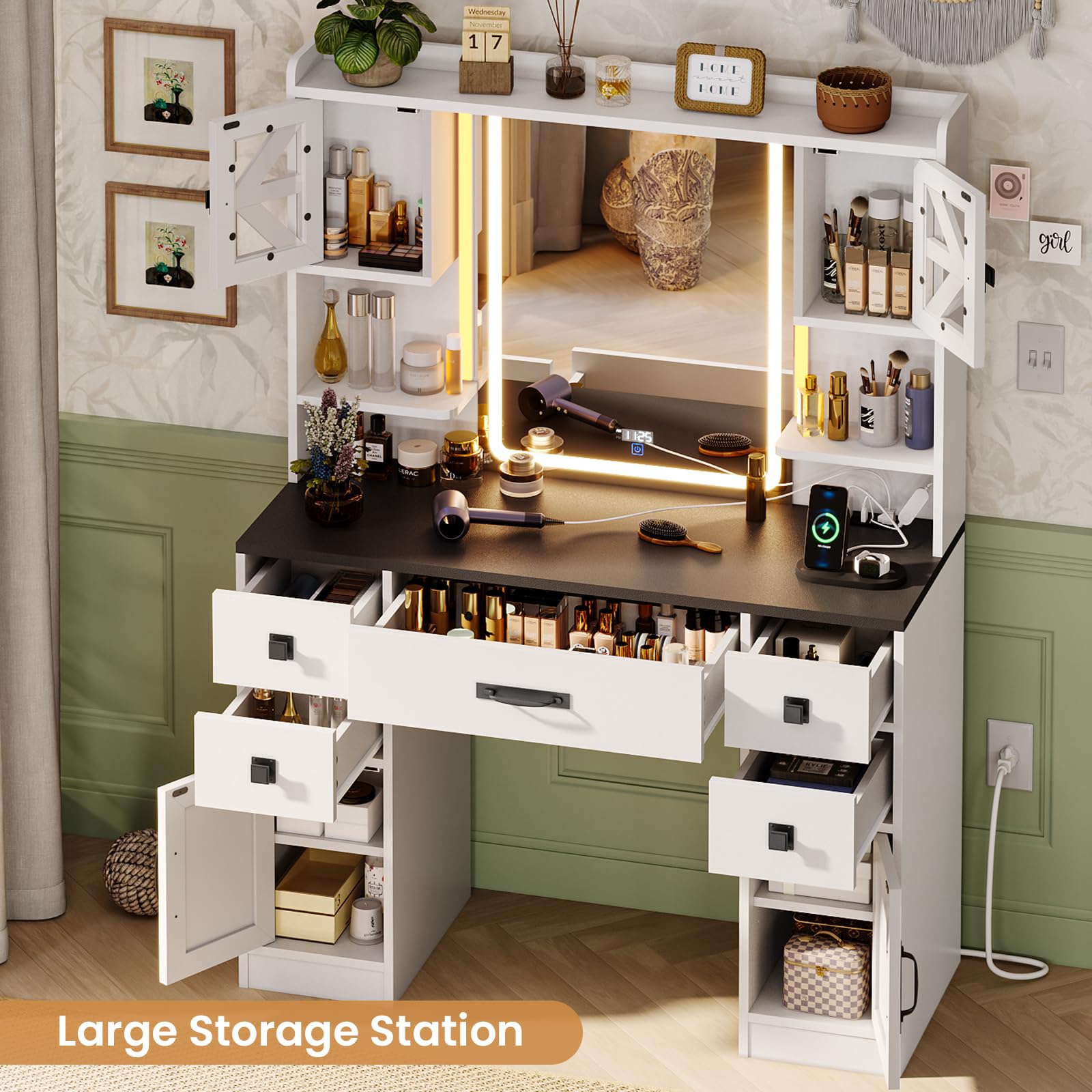 Tiptiper Farmhouse Vanity with Touch Screen Mirror & Time Display - Large Makeup Vanity with USB Charging Station, LED RGB Lights & 5 Drawers - White & Black Vanity Desk with Mirror - Perfect for Bedroom, Dressing Room & Home Salon Makeup Organization