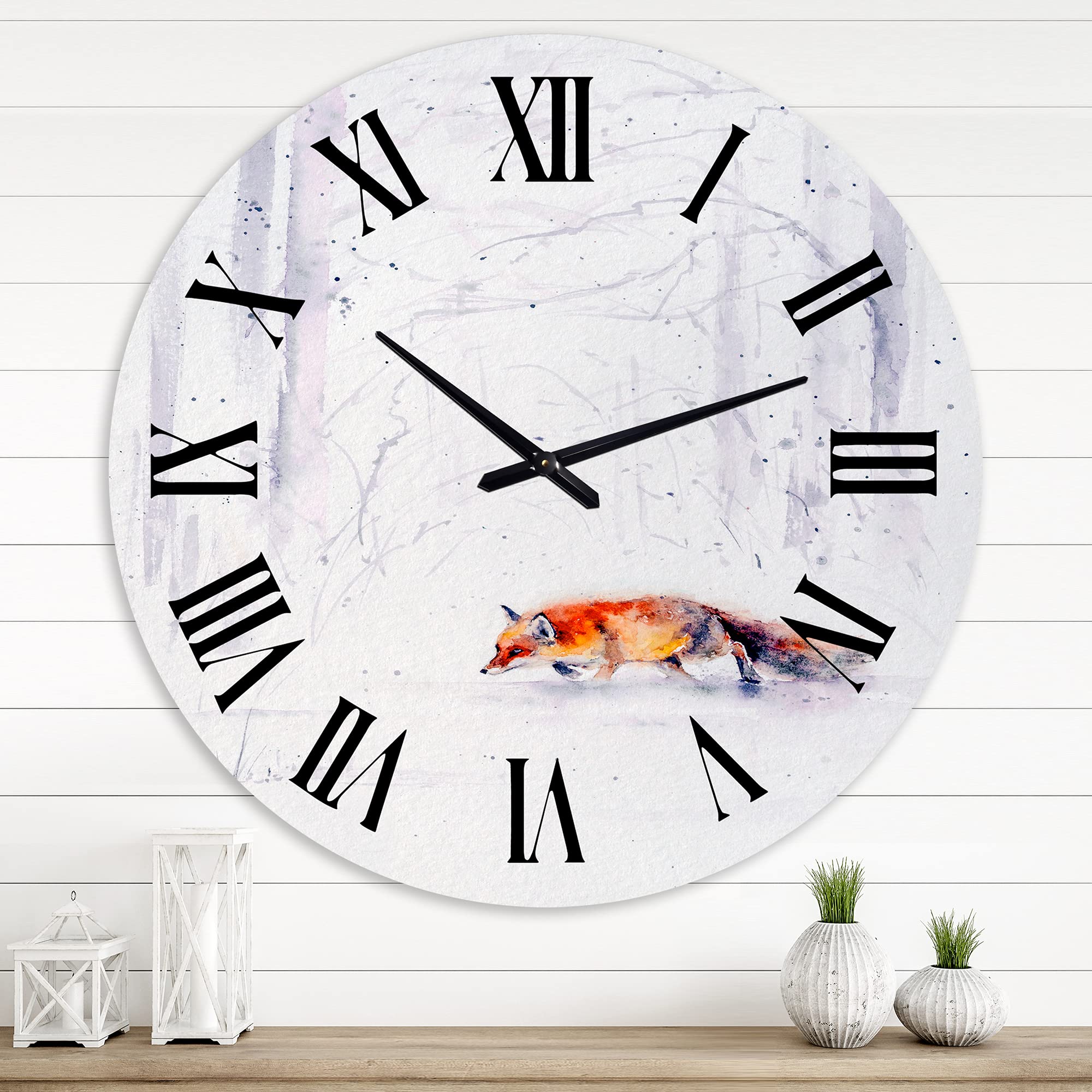 Farmhouse Wall Clock - 'Red Fox Running in White Snow II' Large Animal Wall Art for Living Room, Kitchen, Bedroom Decor | Rustic Home & Office Decoration