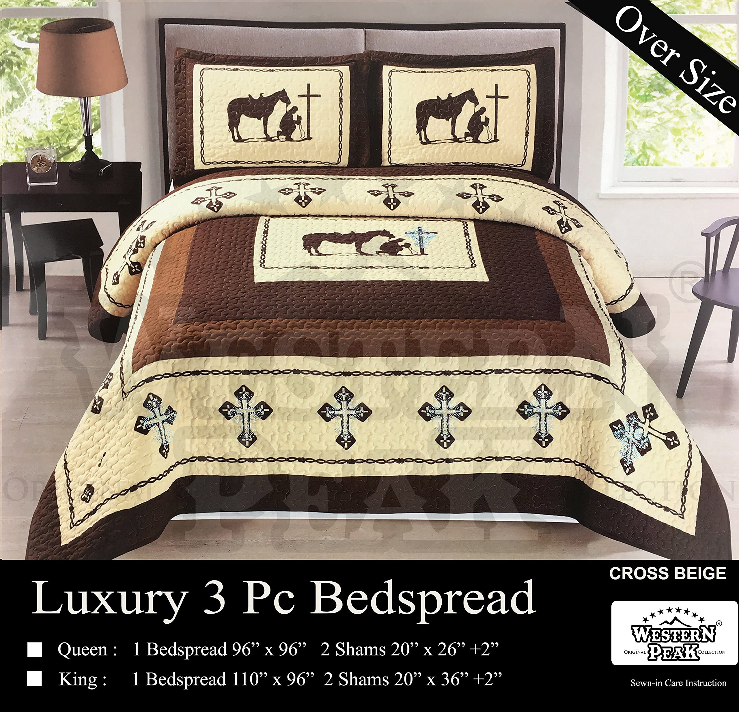Western Peak 3-Piece Luxury Texas Cowboy Cross Quilt Set - King Size Beige Western Bedspread with Rhinestone Cross & Barbed Wire Design for Lodge & Cabin Decor - Perfect for Ranch, Farmhouse or Country Themed Bedrooms