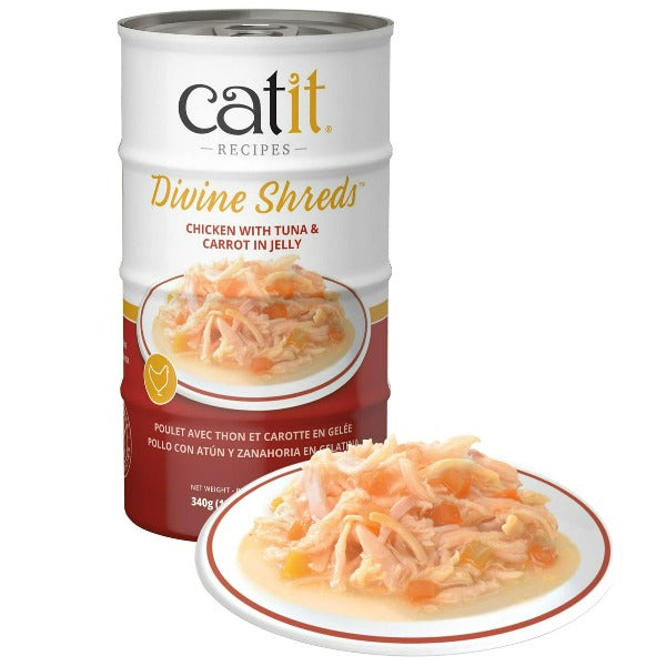 Premium Catit Divine Shreds Chicken with Tuna & Carrot in Jelly Canned Cat Food Topper - 4 Pack | Grain-Free Wet Cat Food Supplement for Picky Eaters | Perfect for Mixing with Dry Food or as Special Treat