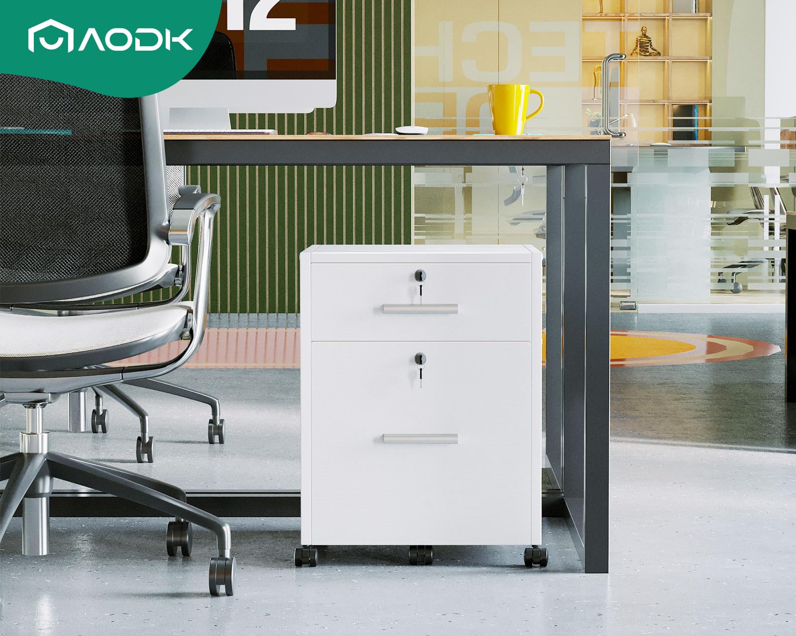 AODK 2-Drawer File Cabinet for Home Office - Fully Assembled Locking Filing Cabinet with Wheels, White - Organize A4/Letter Documents in Style | Perfect for Small Spaces & Office Storage Solutions