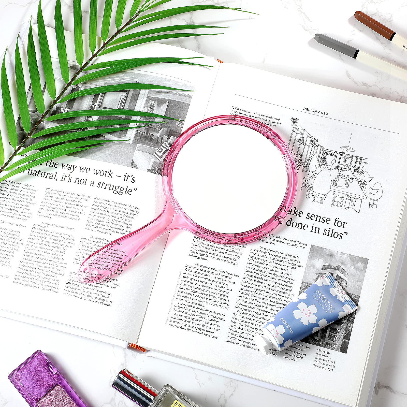 Jetec Double Sided Hand Mirror with 1X/2X Magnification - Round Makeup Mirror with Handle for Travel & Home Use (Pink) - Perfect for Makeup Application, Skincare Routine & Hair Styling