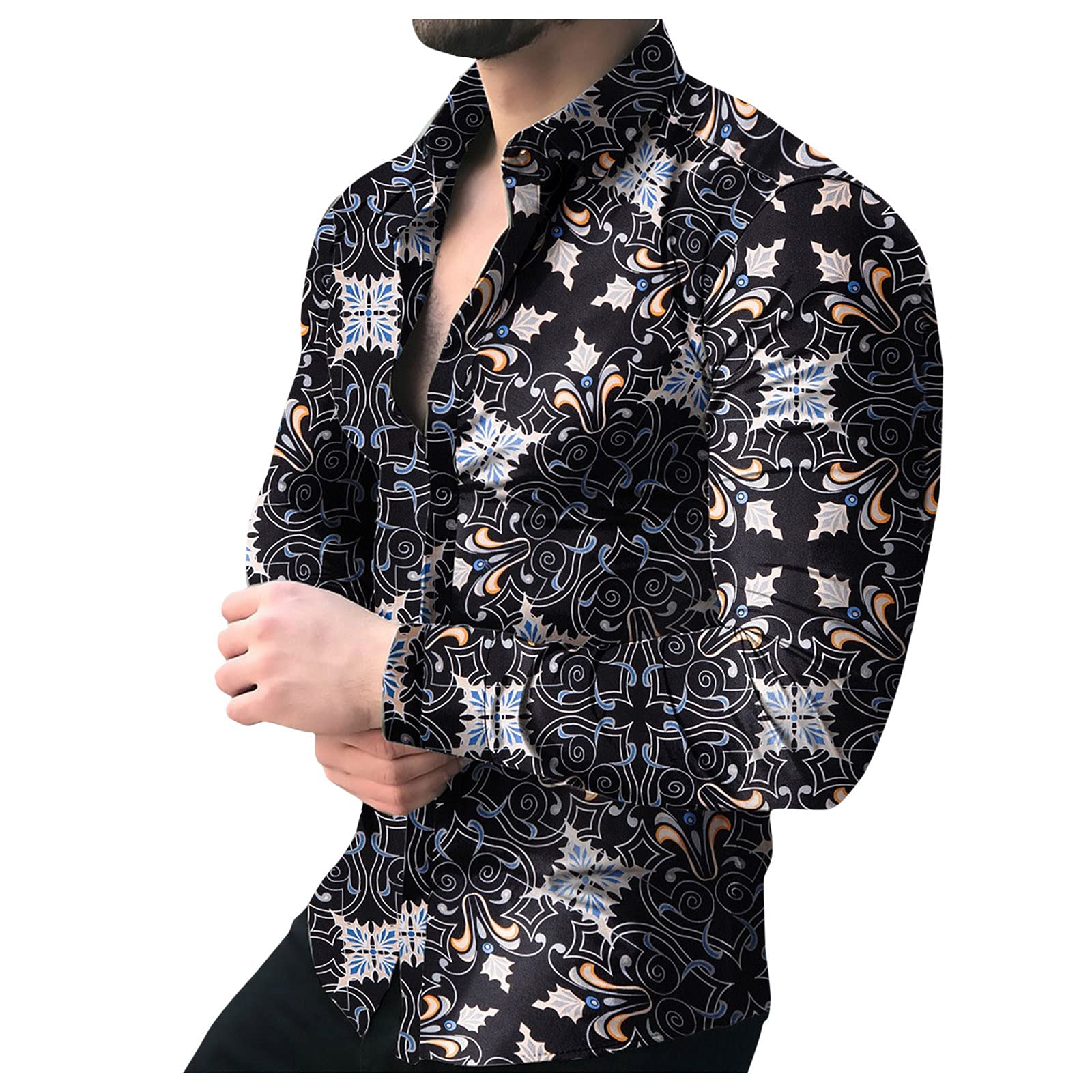 Men's Casual Long Sleeve Button-Down Shirt with Chain Print Design - Stylish Turn-Down Collar Tops for Everyday Wear - Perfect for Office, Date Night and Casual Outings