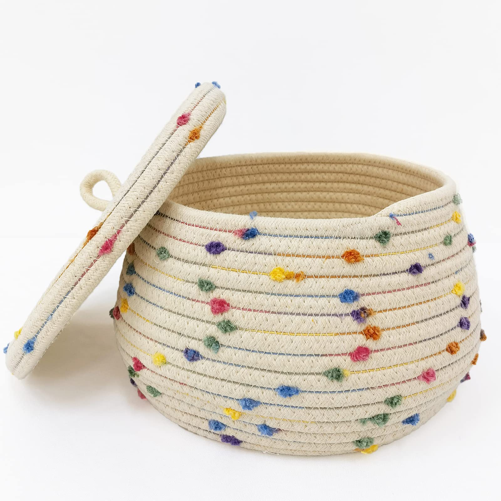 Small Round Woven Storage Basket with Lid - 10x6 Inch Organizing Bin for Toys, Gifts & Home Decor | Colorful Rainbow Pompom Decorative Basket | Perfect for Nursery, Playroom & Closet Organization
