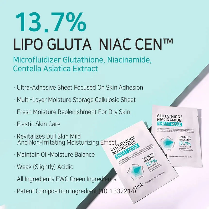 APLB Glutathione & Niacinamide Brightening Sheet Mask (25ml x 10 Pack) - Korean Skincare for Dark Spots & Dull Skin | At-Home Spa Treatment & Daily Hydration