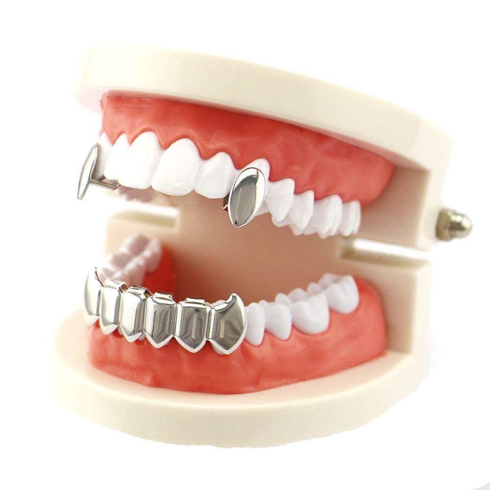18K Gold Plated Vampire Dracula Teeth Grillz Set - 2 Single Fangs & 6 Bottom Grillz for Halloween Costume, Cosplay, and Gothic Fashion Accessories
