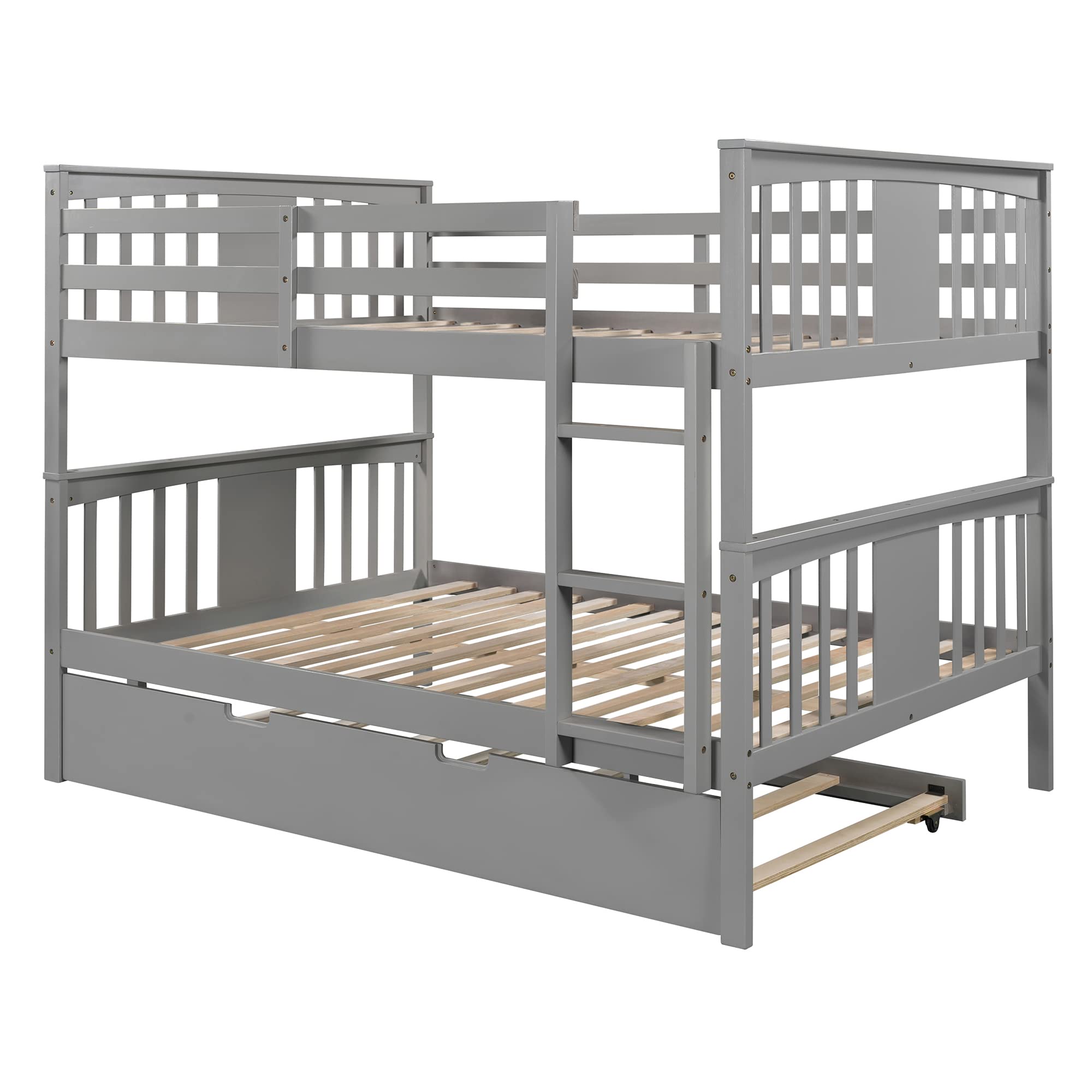 Harper & Bright Designs Solid Wood Full Over Full Bunk Bed with Trundle & Ladders - Grey Bedroom Furniture for Kids, Teens & Guest Rooms - Space Saving Solution for Shared Bedrooms & Sleepovers