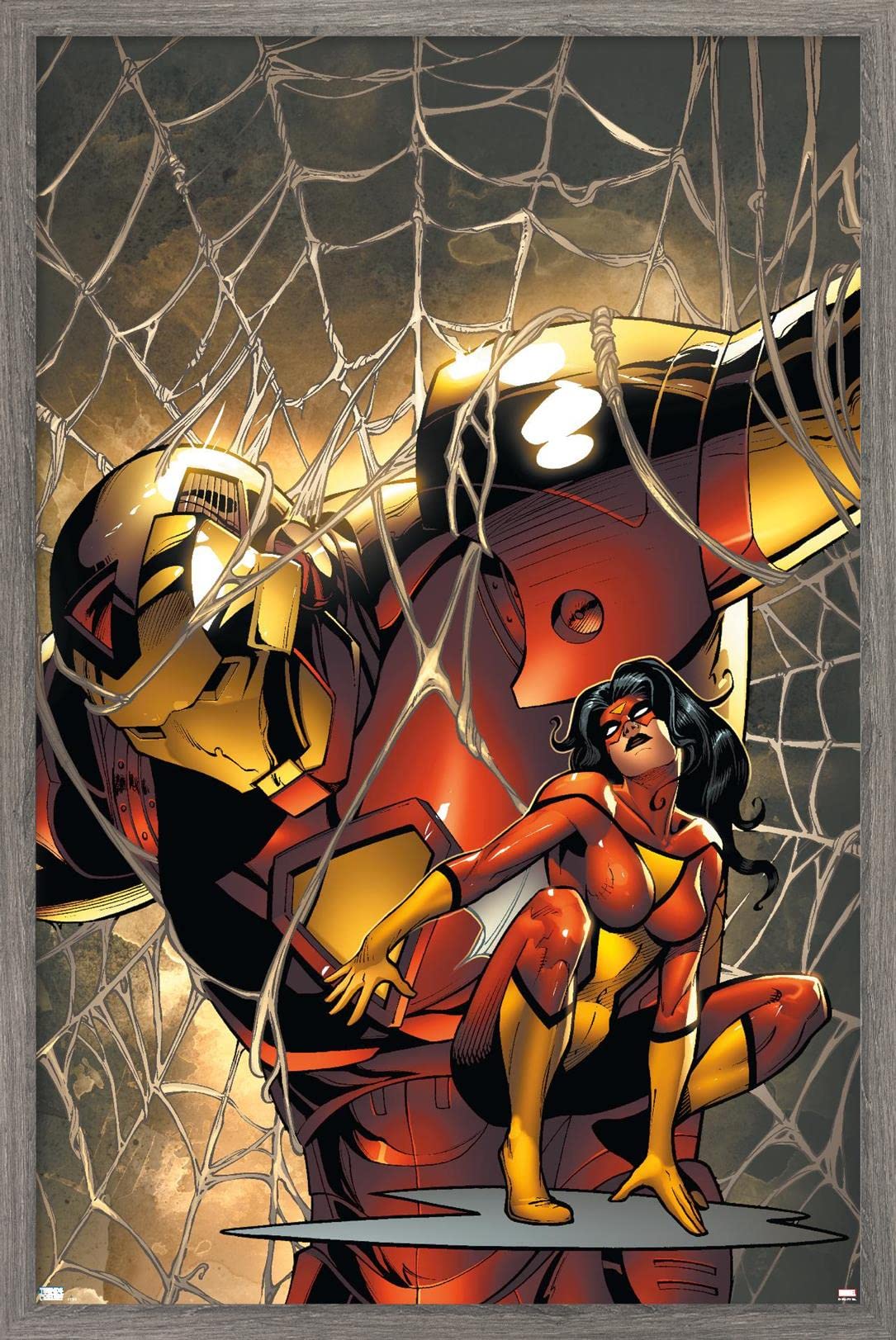 Marvel Comics Spider Woman & Iron Man #10 Wall Poster - 22.4x14.7 Inch Barnwood Framed Superhero Decor | Perfect for Bedroom, Game Room & Marvel Fan Gifts