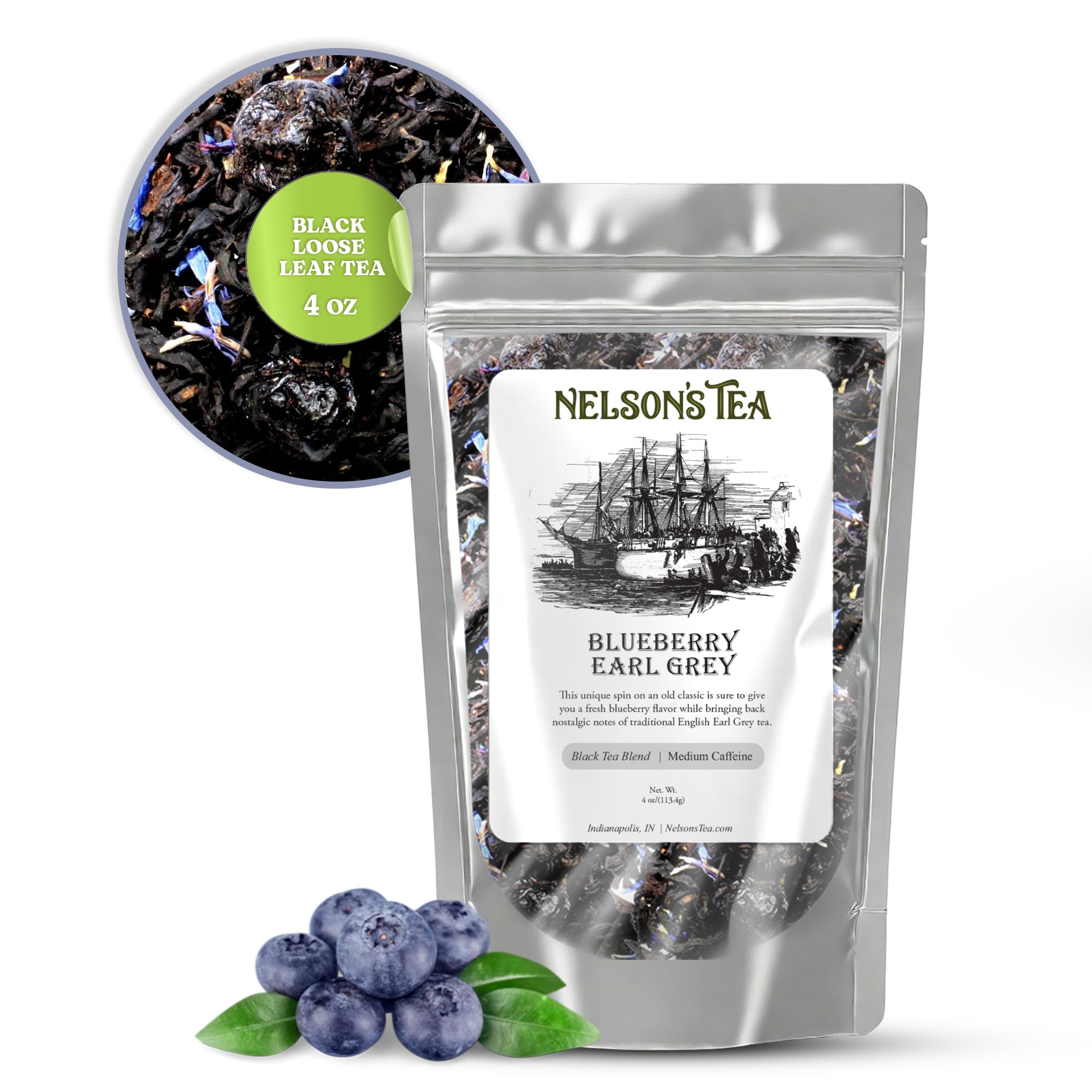 Nelson's Blueberry Earl Grey Black Loose Leaf Tea - Premium Black Tea with Blueberries & Cornflower - 4 oz - Perfect for Afternoon Tea & Relaxation