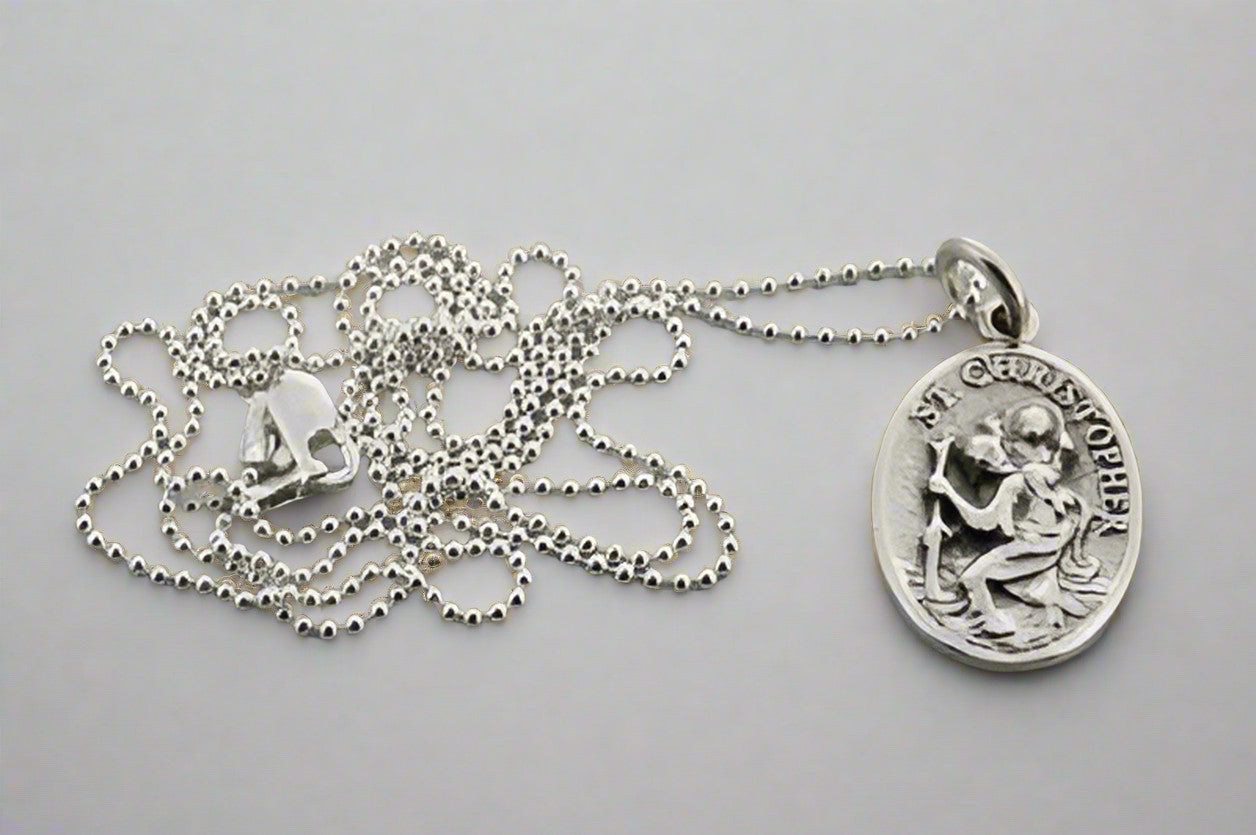 Saint Christopher Sterling Silver Pendant with 55cm Ball Chain - Perfect for Travel Protection & Religious Jewelry Gifts