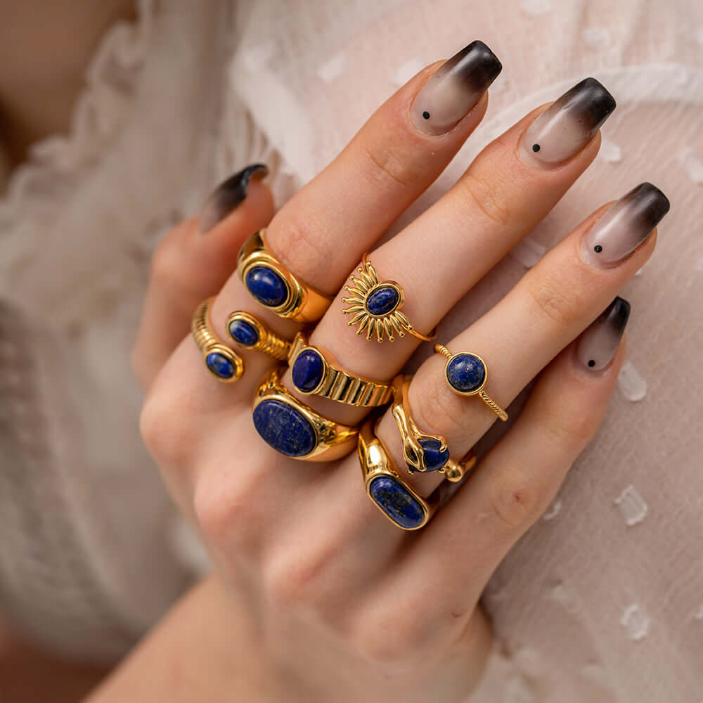 18K Gold Boho Iolite Bezel Thumb Ring for Women | Vintage Bohemian Jewelry | Handmade Adjustable Statement Ring | Perfect for Parties, Weddings & Everyday Wear (JDR046)