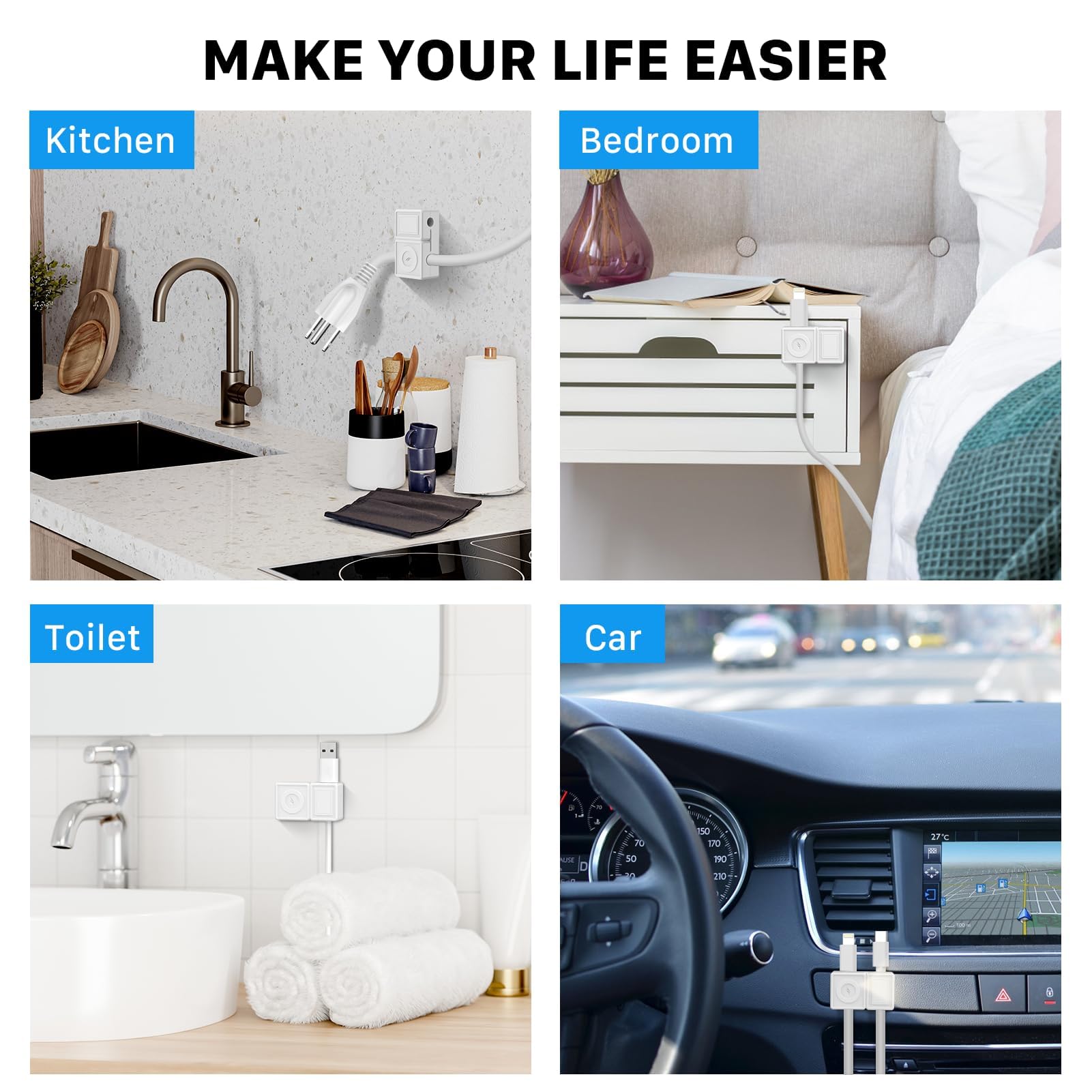 6 Pack Magnetic Cable Clips - FlyCoco Adjustable Cord Holder for Desk, Wall & Car | 2-in-1 Cable Management Organizer for Phone Charger, USB & Wires | Perfect for Office, Nightstand & Home Organization