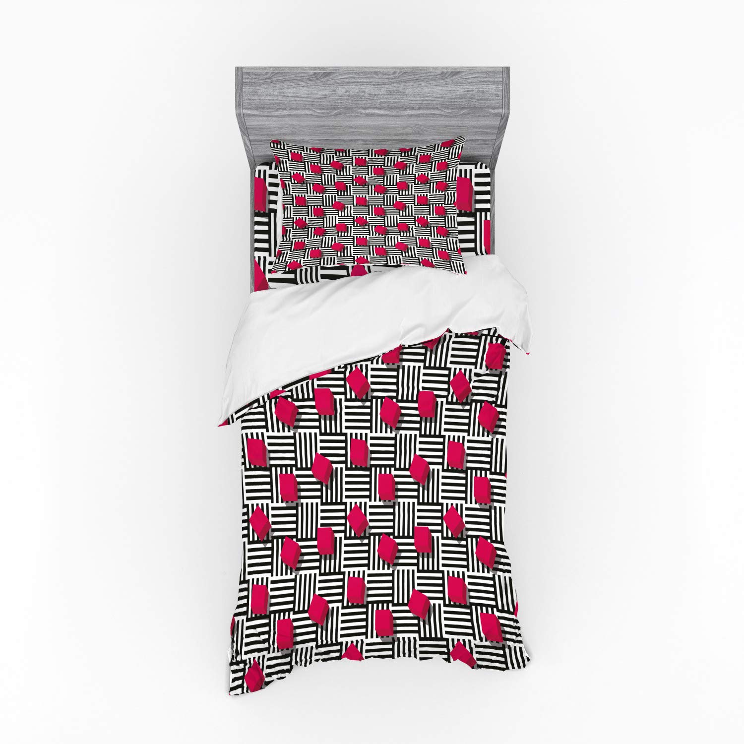 Ambesonne Teen Room Duvet Cover Set - Abstract Geometric Minimalist Lines & Square Cubes Print - 3 Piece Bedding Set with Pillow Sham & Fitted Sheet - Twin Size - Magenta Black White - Perfect for Teen Bedrooms, Dorm Rooms & Modern Home Decor