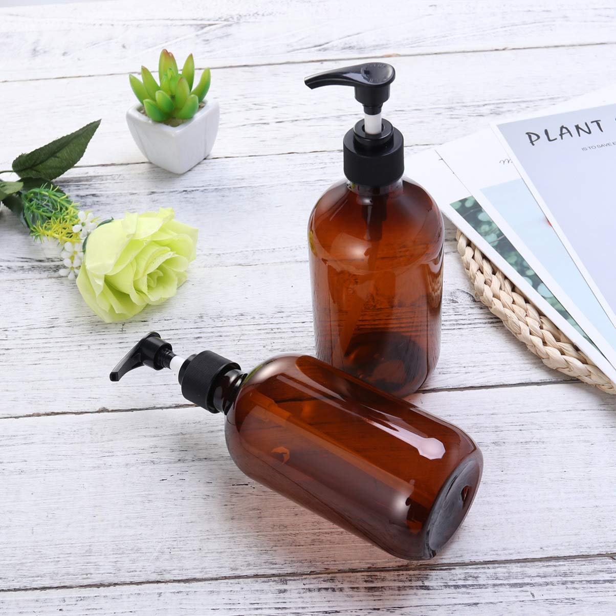 2PCS 500ml Amber Glass Bottles with Pump - Refillable Shampoo, Lotion & Hand Soap Dispenser for Bathroom, Kitchen & Salon Use