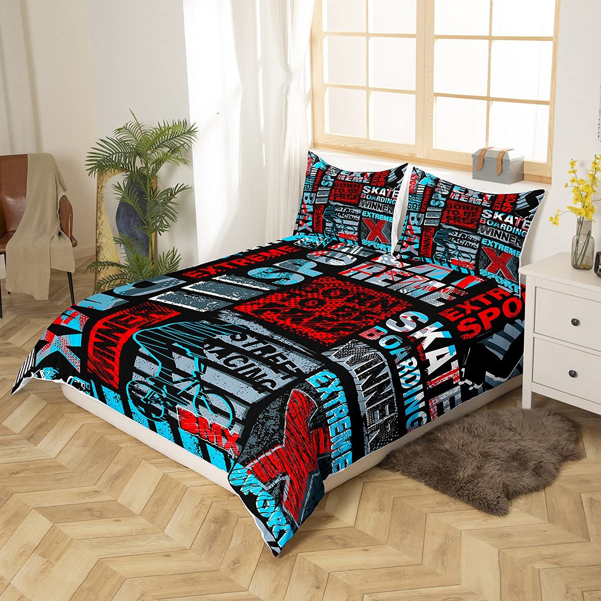 Boys BMX Duvet Cover Set - Extreme Sports Themed Bedding for Kids & Teens - Twin Size with 1 Pillowcase - Teal & Red - Perfect for BMX Racing Fans, Gaming Rooms & Adventure-Themed Bedrooms