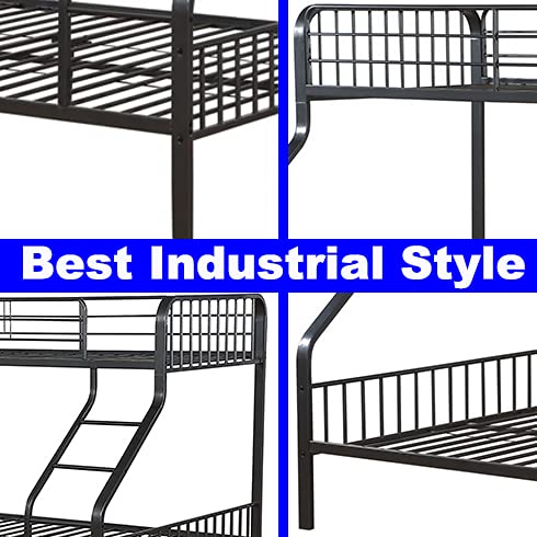 Best Heavy Duty Metal Twin XL Over Queen Bunk Bed Frame - Industrial Style with Ladder & Safety Guard Rails for Kids & Adults | Perfect for Small Spaces, Dorms, Shared Kids Rooms & Vacation Homes