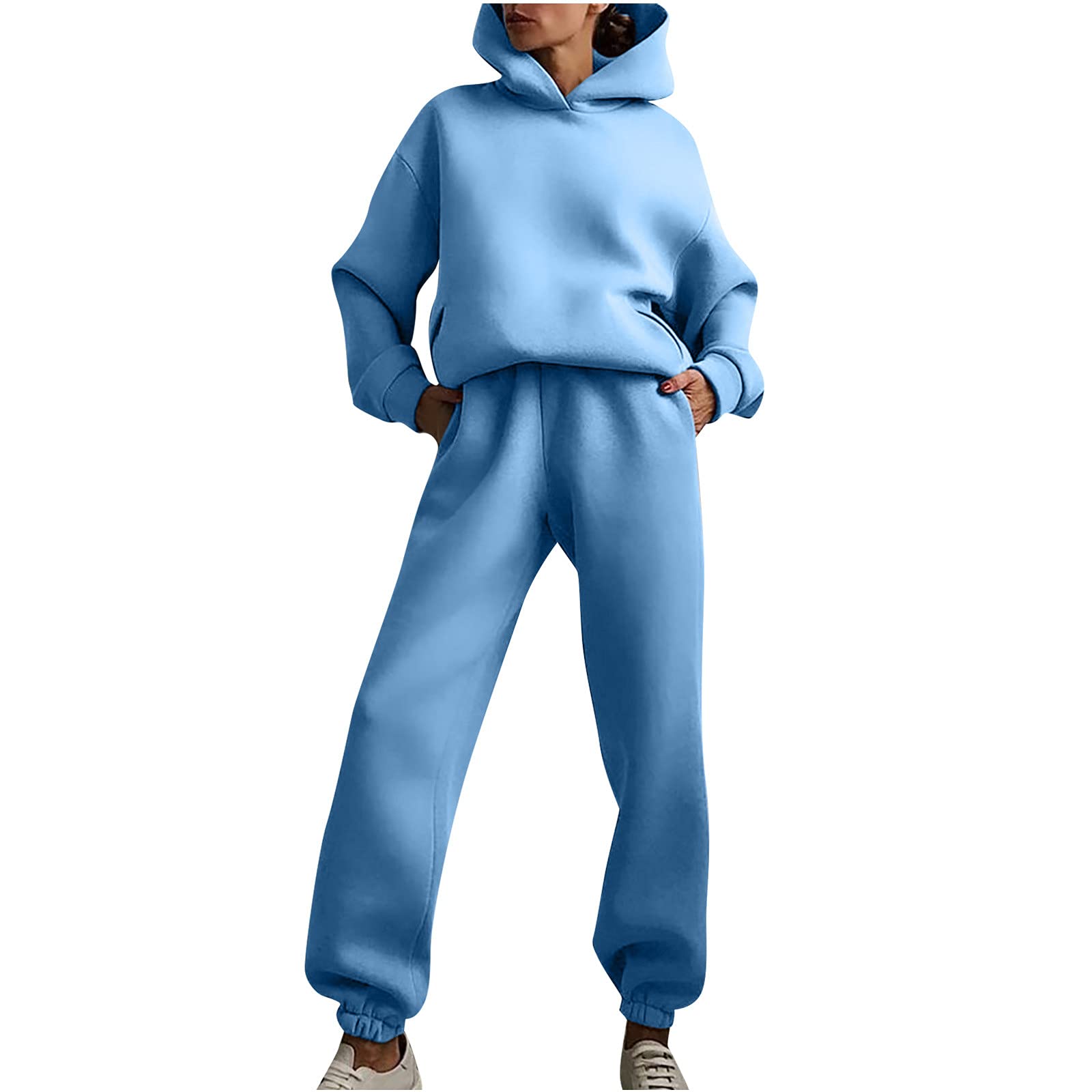 Women's 2-Piece Loose Fit Sweatsuit Set - Solid Color Tracksuit with Pockets | Autumn Jogger Pants & Sport Top Outfit for Gym, Lounge & Casual Wear