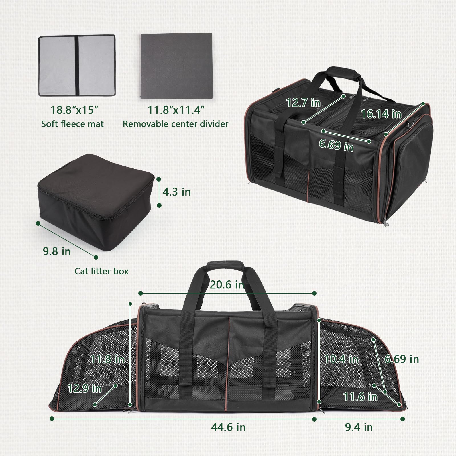**Premium Double-Compartment Cat Travel Carrier with Built-in Litter Box – Soft, Expandable & Portable for 2 Cats (Up to 35 lbs) – Ideal for Road Trips, Camping, Hiking & Vet Visits – Black**