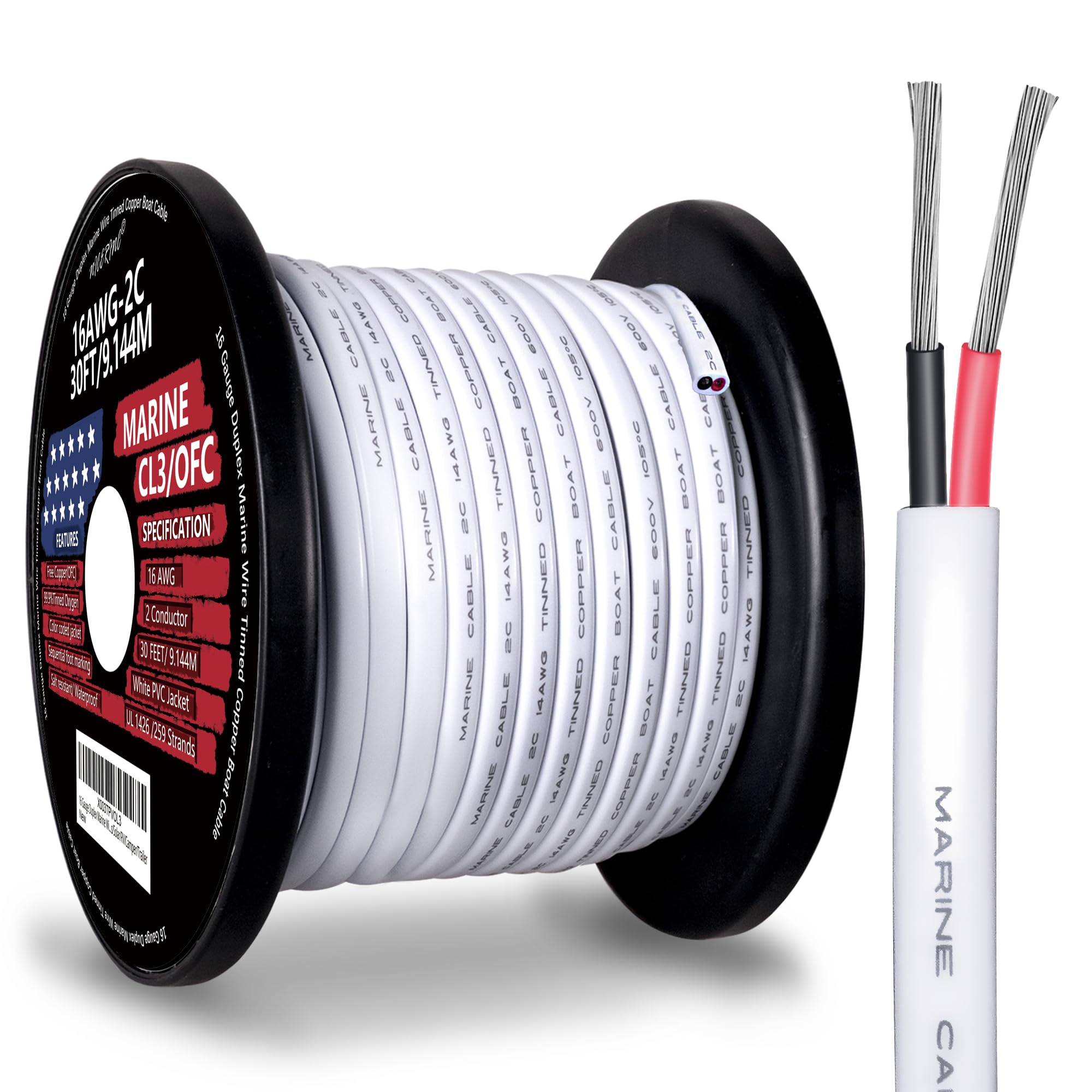 16 Gauge Duplex Marine Wire Tinned Copper Boat Cable, 30ft 16 AWG OFC Oxygen Free Copper Wire for Outdoors, Automotive, Boat, Speakers, Solar, RV, Camper, Trailer - Ideal for Marine, Audio, and Power Applications