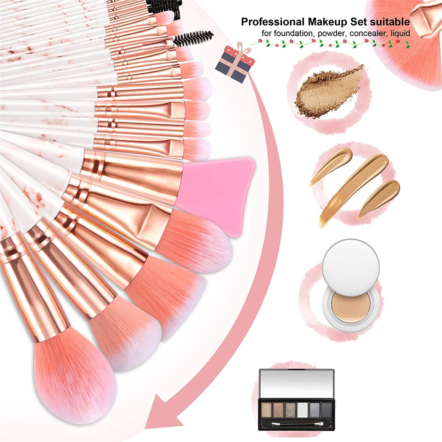 DUAIU 16PCS Professional Makeup Brush Set with Marble Handle - Includes 4 Sponge Blenders, Foundation Brushes, Eyeshadow Brush, Lip Brush & Silicone Mask Brush | Perfect for Makeup Artists, Beginners & Daily Beauty Routine