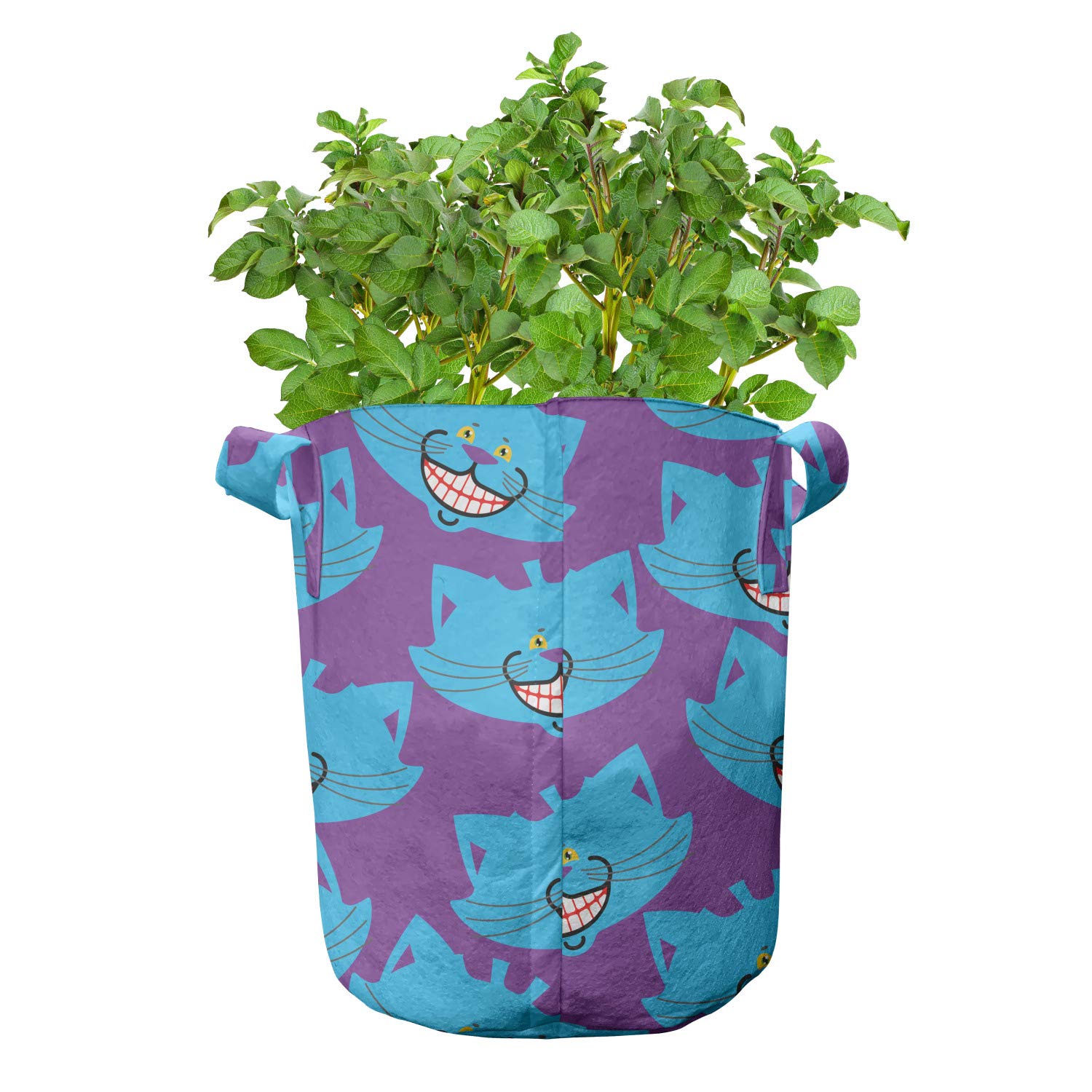 Lunarable Alice in Wonderland 5-Pack Grow Bags - Heavy Duty Fabric Plant Pots with Handles, 5 Gallon Capacity in Purple & Blue (Cheshire Cat Design) - Perfect for Indoor/Outdoor Gardening, Vegetables, Flowers & Herbs