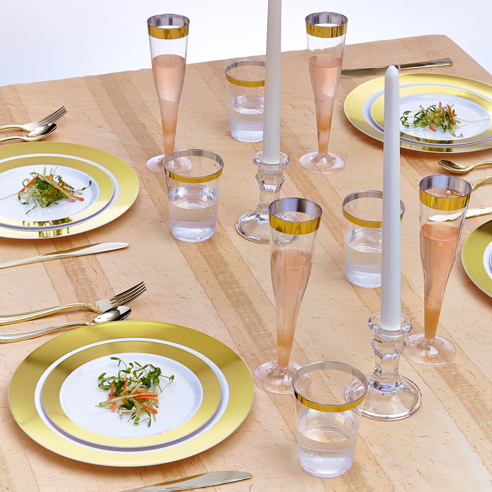 Elegant 60-Piece Disposable Dinnerware Set - 20 Dinner Plates, 20 Salad Plates, 20 Dessert Plates | Heavy Duty Silver Spoons Party Dishes with Fine China Look | Perfect for Weddings, Catering & Upscale Events (Ritz Gold)