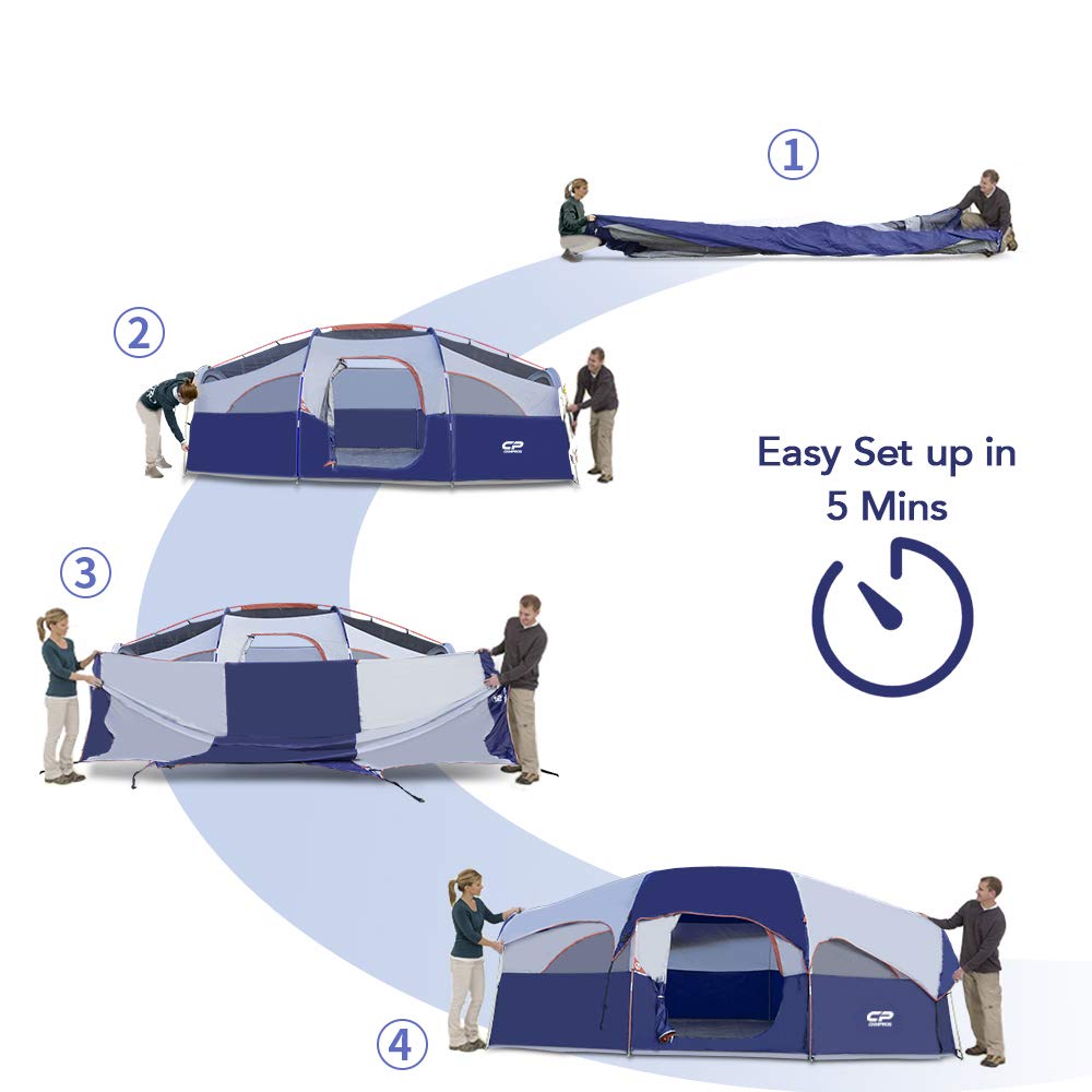 CAMPROS CP 8-Person Camping Tent - Waterproof & Windproof Family Tent with 5 Mesh Windows, Double Layer Design & Room Divider - Lightweight Portable Outdoor Tent with Carry Bag for Camping, Hiking, Backpacking & Family Adventures