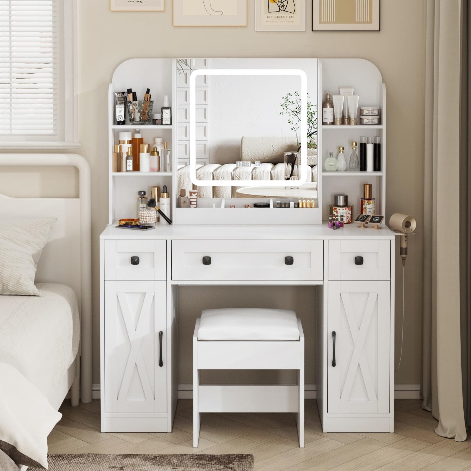 Vabches White Makeup Vanity Desk with LED Lights - Adjustable 3 Lighting Modes, 3 Drawers & 2 Cabinets, Built-in Clock & Temperature Display - Perfect for Bedroom, Dressing Room & Beauty Salon
