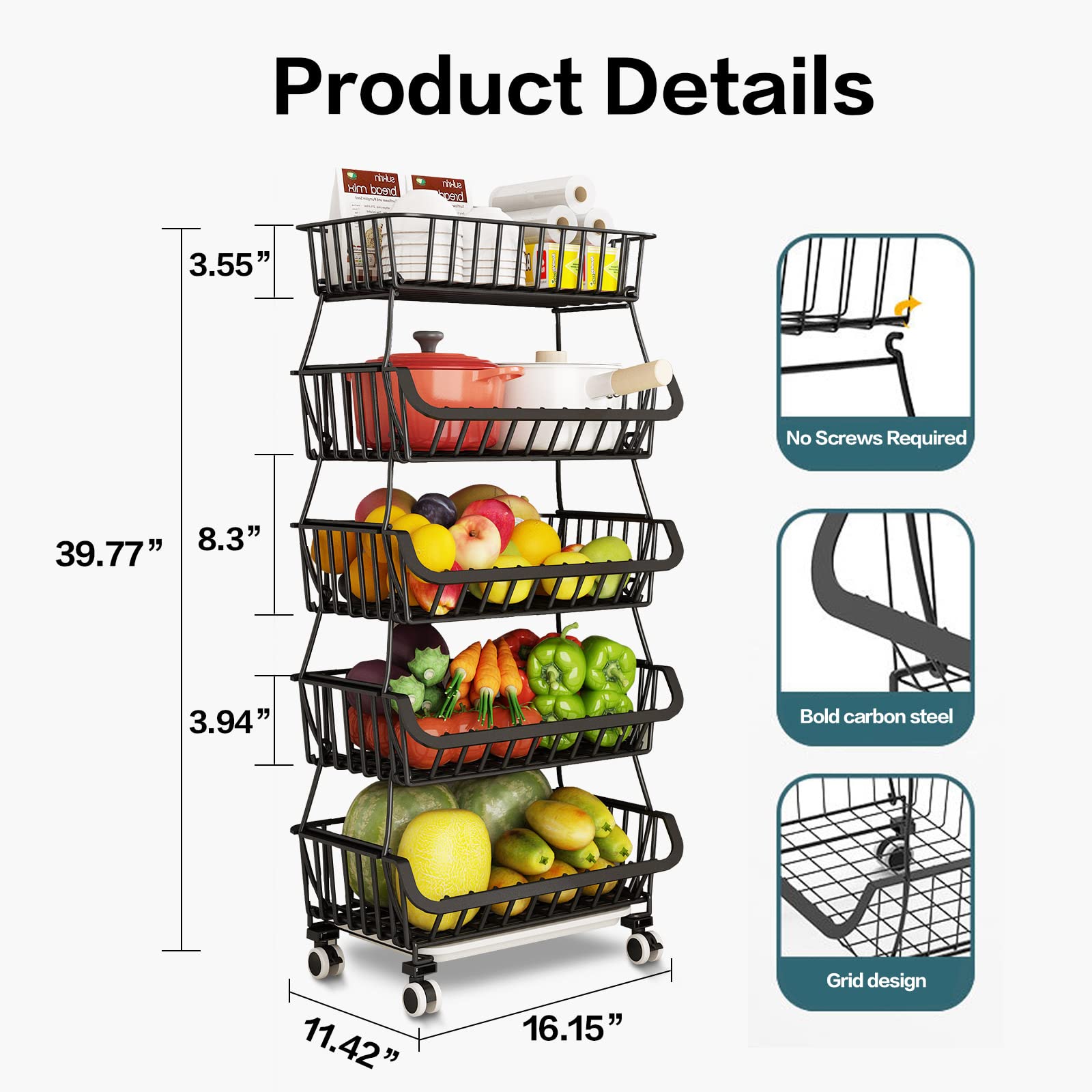 5 Tier Stackable Metal Wire Fruit and Vegetable Basket Organizer - Kitchen Storage Stand for Onions, Potatoes, Produce - Black | Perfect for Pantry, Countertop, and Farmers Market Display
