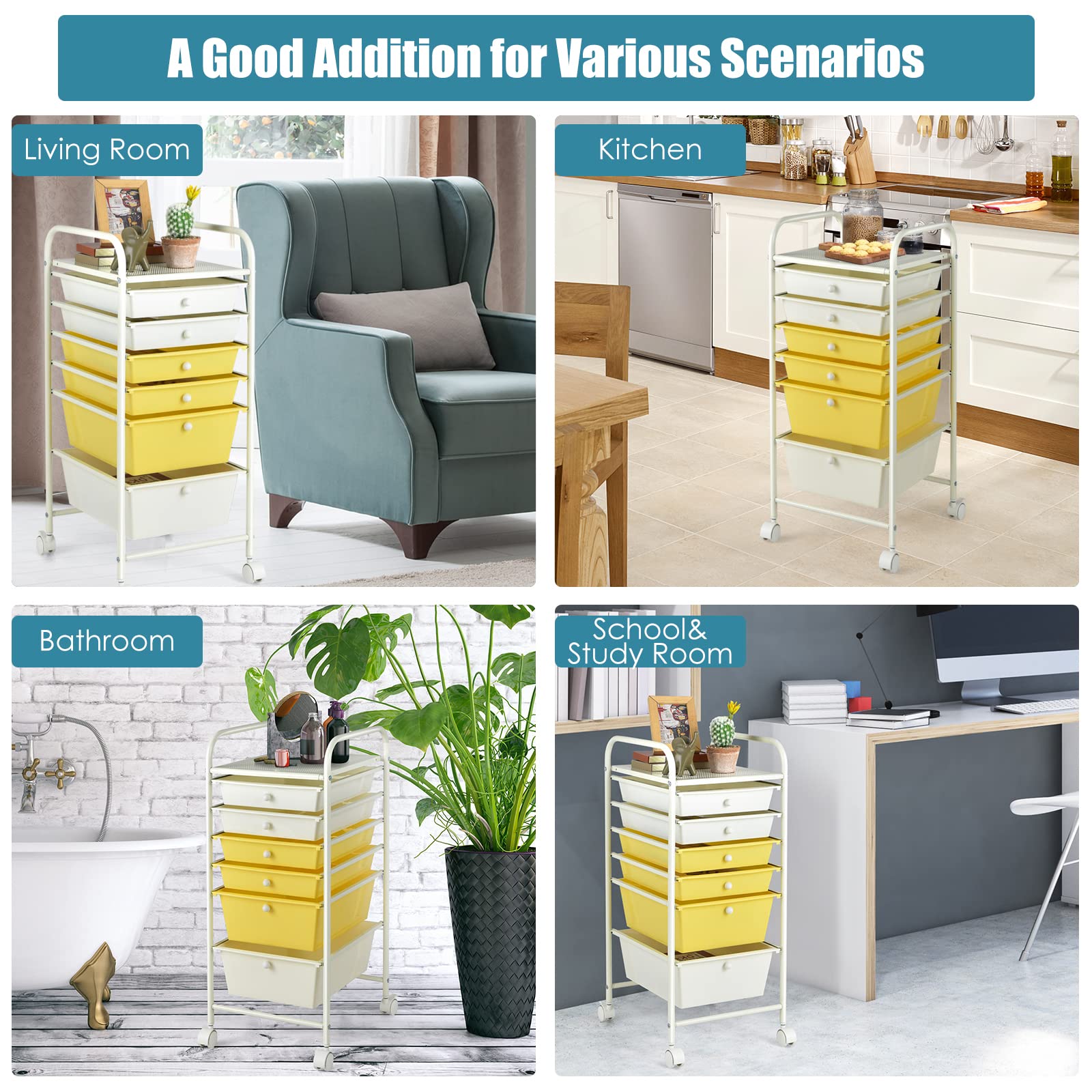 6-Drawer Rolling Storage Cart with Wheels - Multipurpose Utility Organizer for Crafts, Scrapbooking, Office & School Supplies - Removable Drawers for Art Tools, Papers & Home Organization (Yellow) - Perfect for Craft Rooms, Home Offices & Classroom Storage