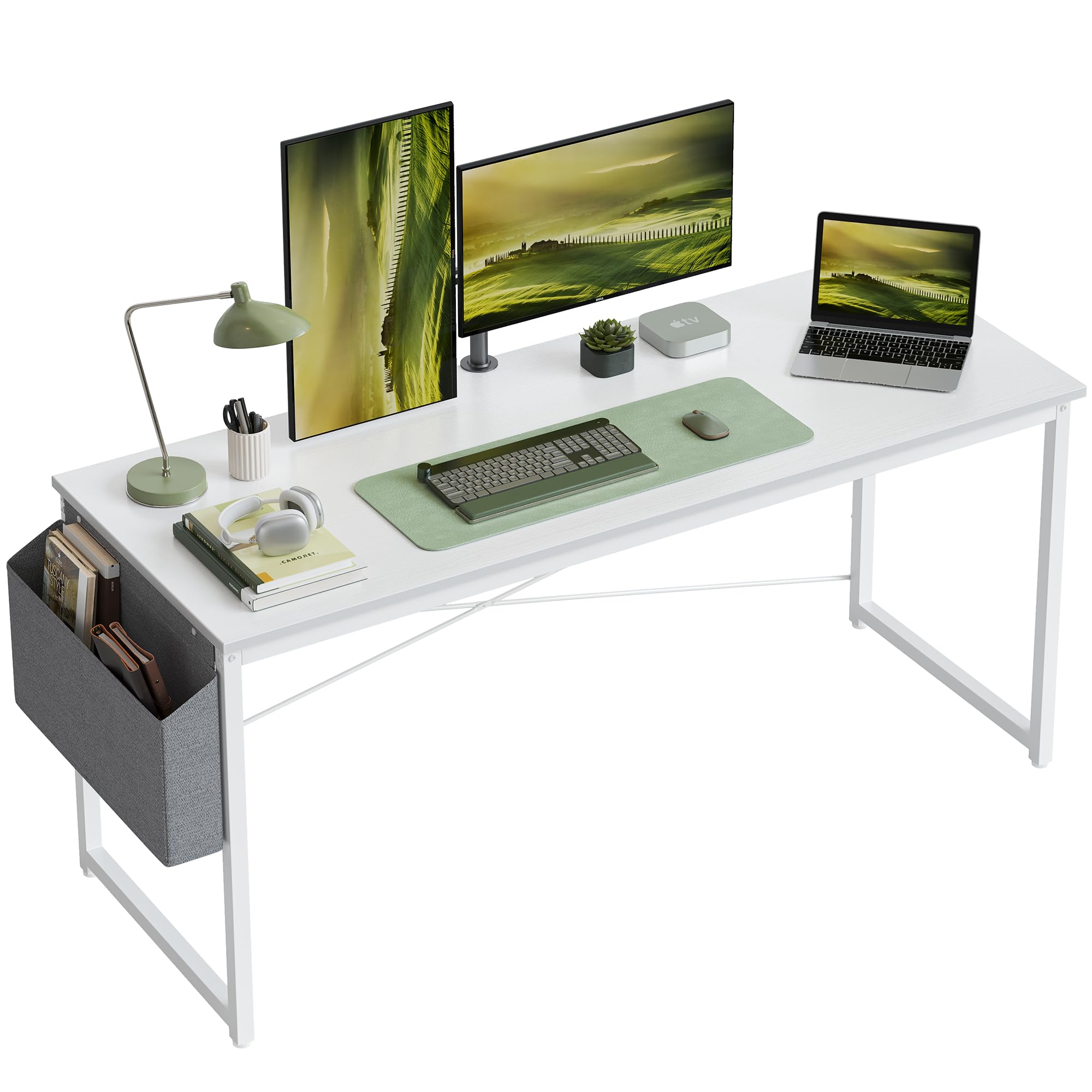 Cubiker 63 Inch Modern Simple Style Computer Desk - Sturdy Home Office Writing Desk with Storage Bag, White - Perfect for Small Spaces & Remote Work