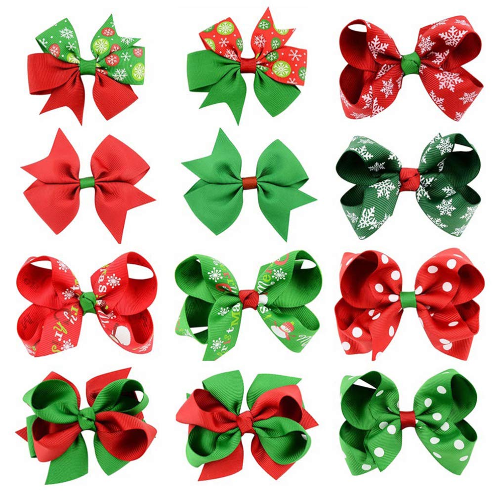 Bestoyard 12Pcs Christmas Hair Bows Clips for Girls - Cute Bowknot Hairpins & Hair Accessories Set for Baby Toddlers Kids (Mixed Styles) - Perfect for Holiday Parties, School Events & Photo Shoots