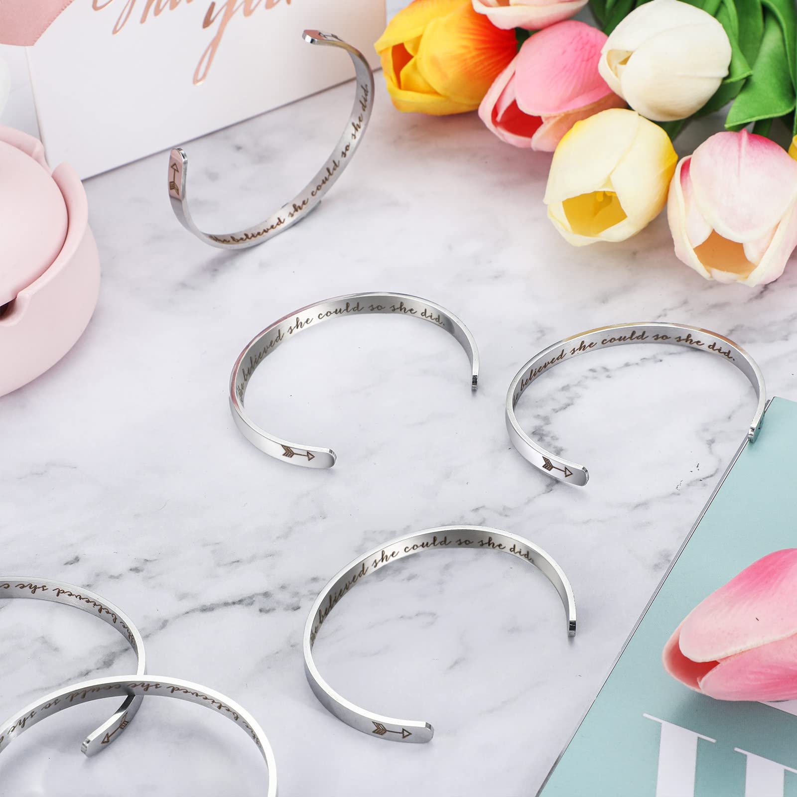 12 Pcs Inspirational Cuff Bracelets for Women - Motivational Engraved Jewelry Set, Bulk Coworker Gifts for Office, Graduation & Special Occasions
