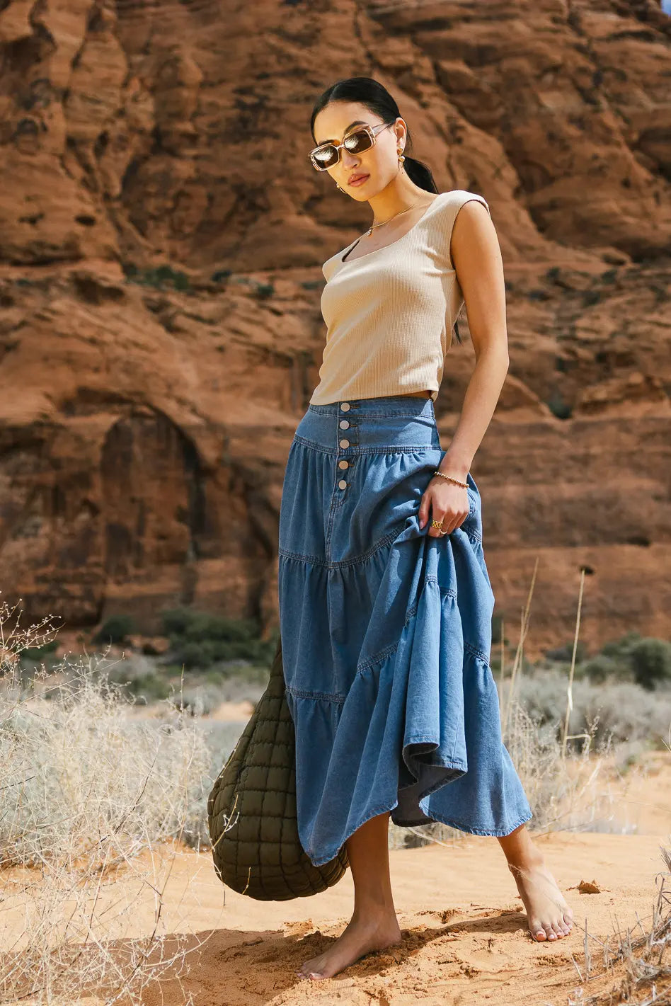 Joannie Tiered Denim Skirt for Women - Distressed Vintage High Waist A-Line Skirt | Perfect for Casual Outfits, Summer Dresses & Boho Style