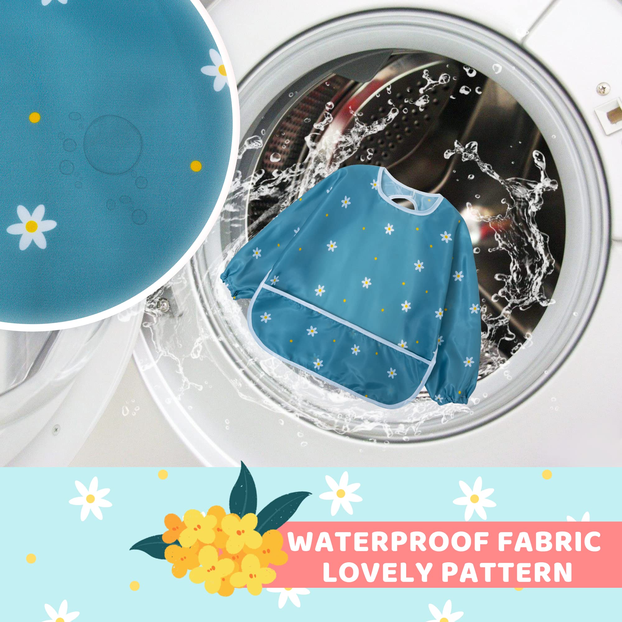 Waterproof Long Sleeve Baby Bib with Food Catcher - Toddler Weaning Coverall Set for 6-36 Months | Flower Pattern | Easy to Wipe Clean | Perfect for Messy Meals & Self-Feeding Practice