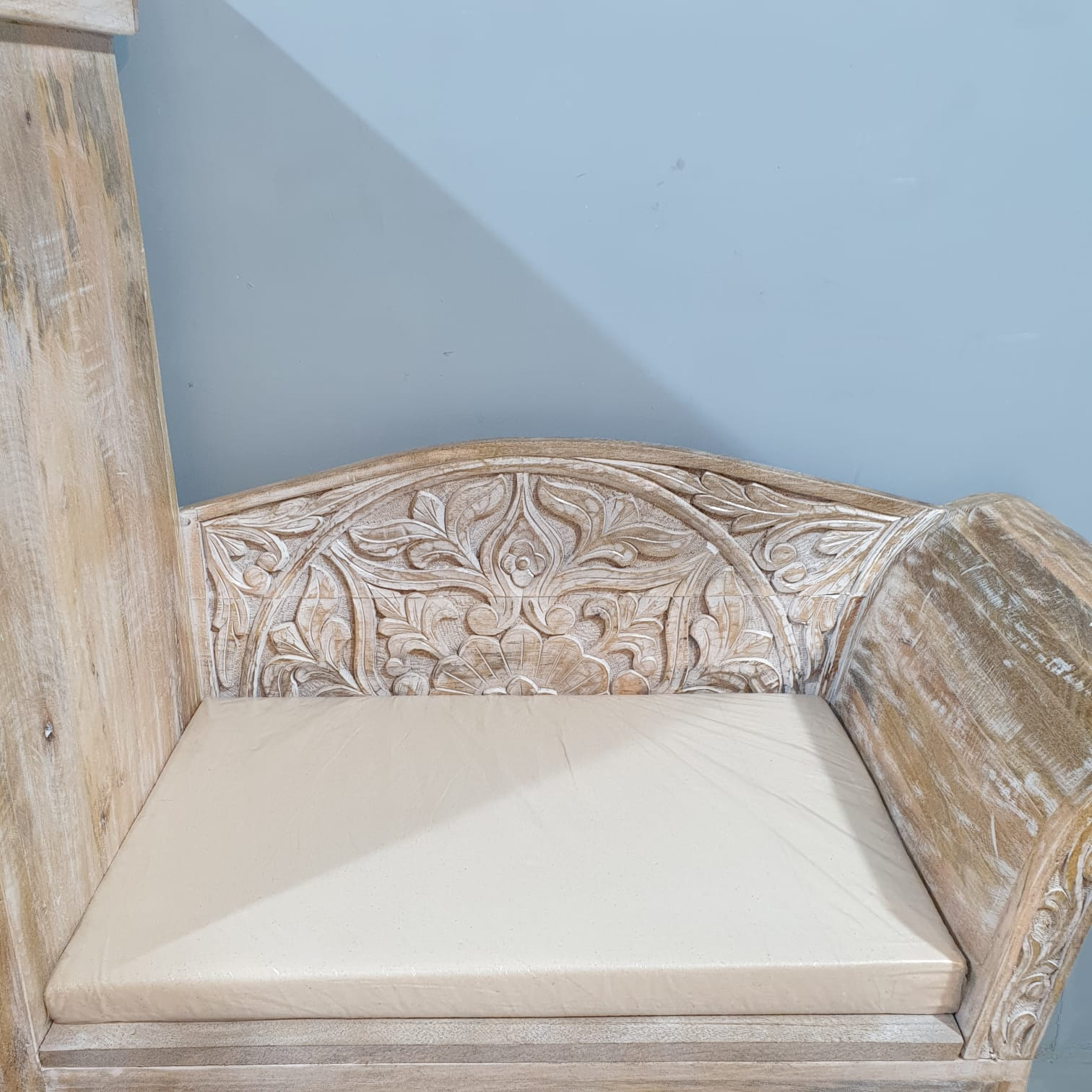 Handcrafted Solid Wood Indian Carved Seat Bench 140x120cm - Whitewash Finish for Boho & Farmhouse Decor | Perfect for Living Room, Bedroom, or Entryway