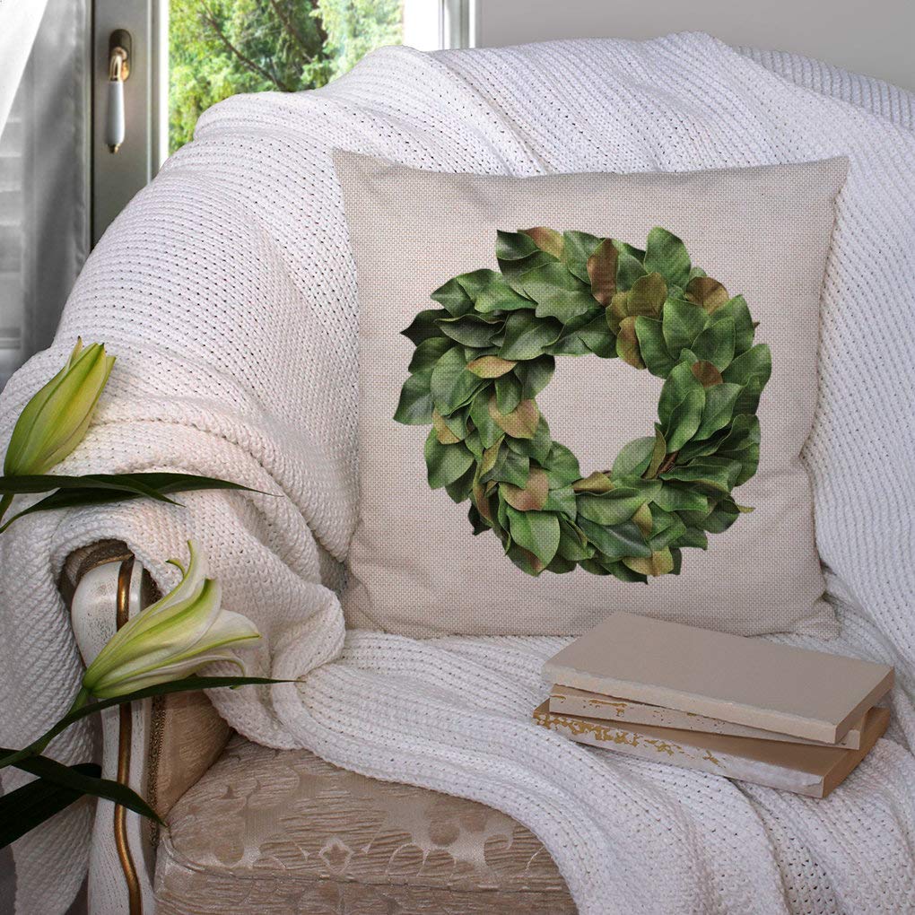 SSOIU Magnolia Leaves Wreath Throw Pillow Covers 18x18 Inches - Farmhouse Decorative Square Pillow Covers for Living Room, Bedroom & Porch Decor - Rustic Home Accents