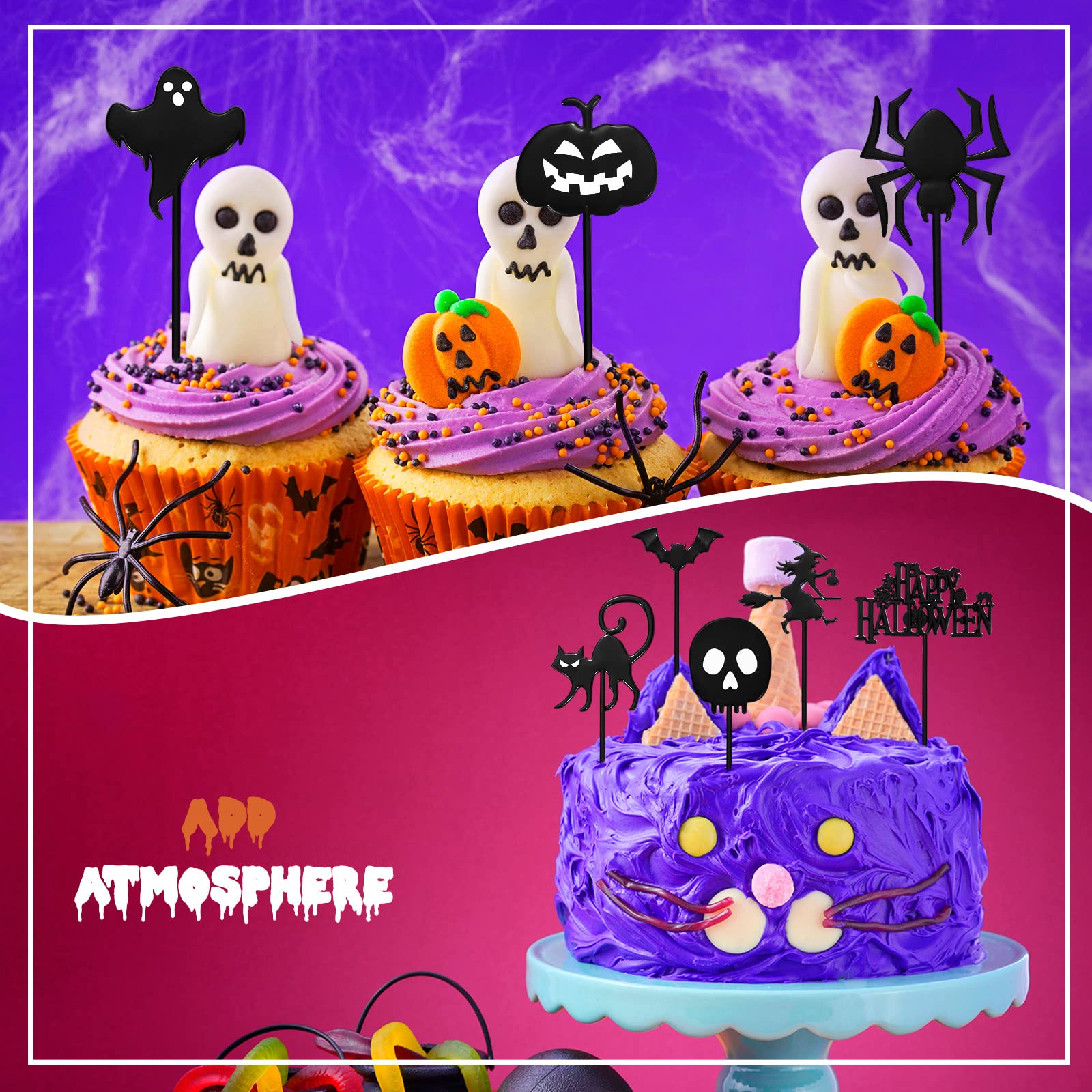 64 Pcs Halloween Cupcake Toppers - Plastic Ghost Picks for Party Decorations, Kids Birthday, Halloween Treats & Dessert Displays