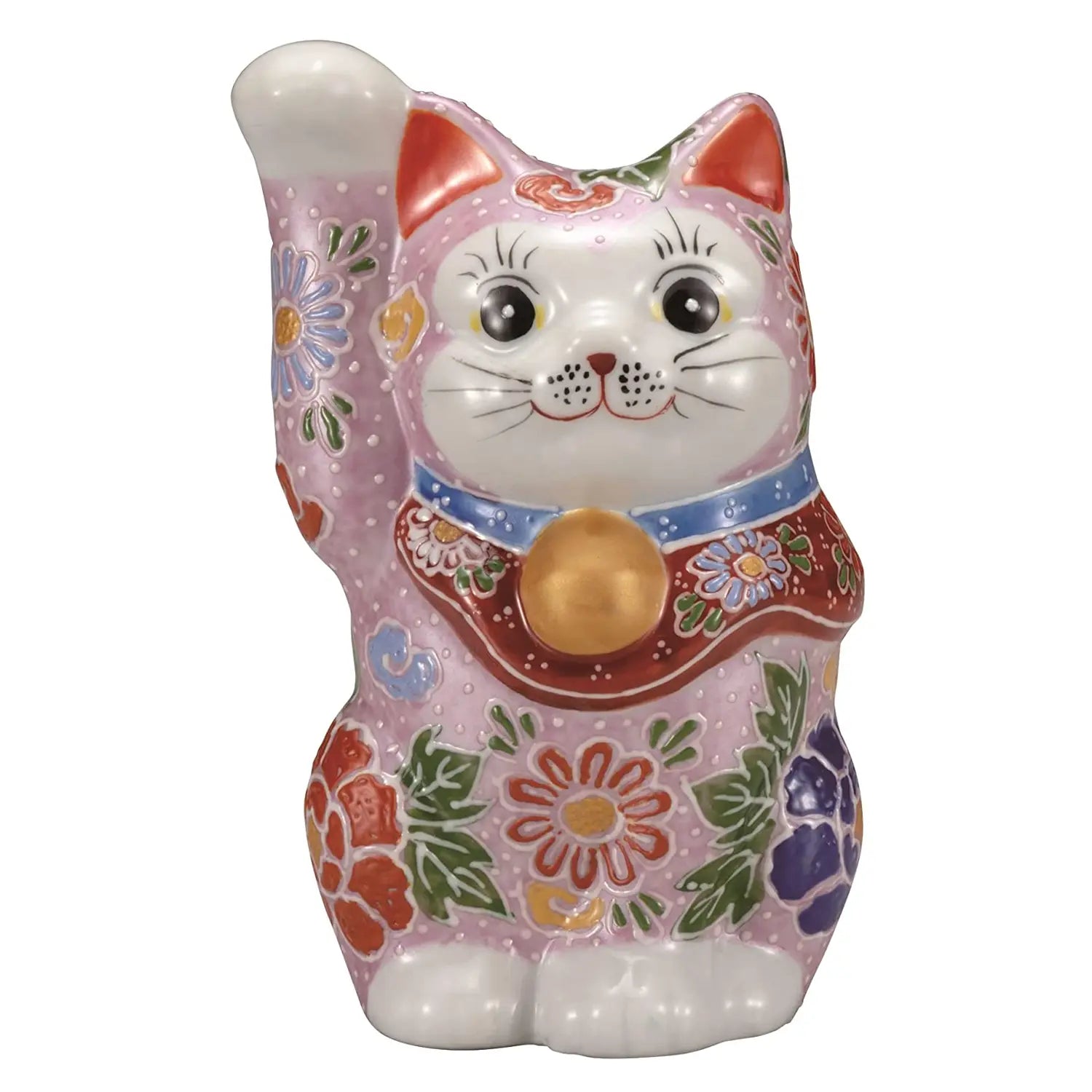 Authentic Japanese Kutani Ware Porcelain Maneki Neko Lucky Cat Figurine - Pink Flower Design 4.8