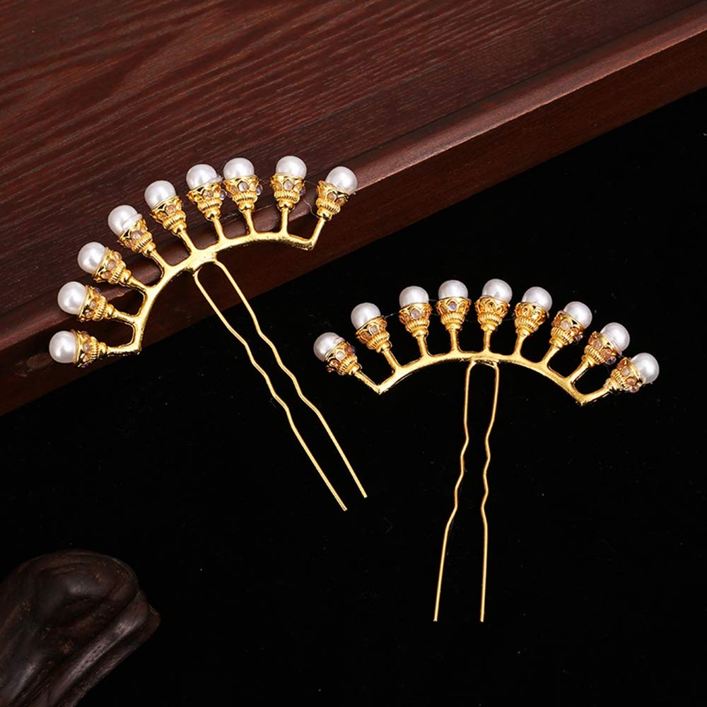 Vintage Chinese Hanfu Hair Sticks - Elegant Alloy Bridal Hair Forks with Pearl Rows, Gold 9-Row & White | Perfect for Weddings, Cosplay, and Traditional Chinese Costume Styling