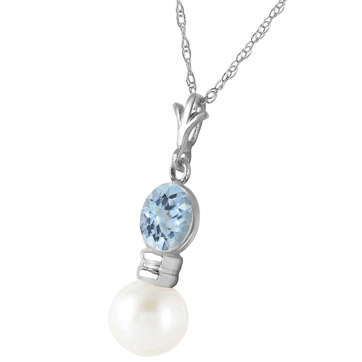 1.23 Carat 14K Solid White Gold Necklace with Aquamarine & Pearl | Elegant Birthstone Jewelry for Women | Perfect for Anniversaries, Weddings & Special Occasions