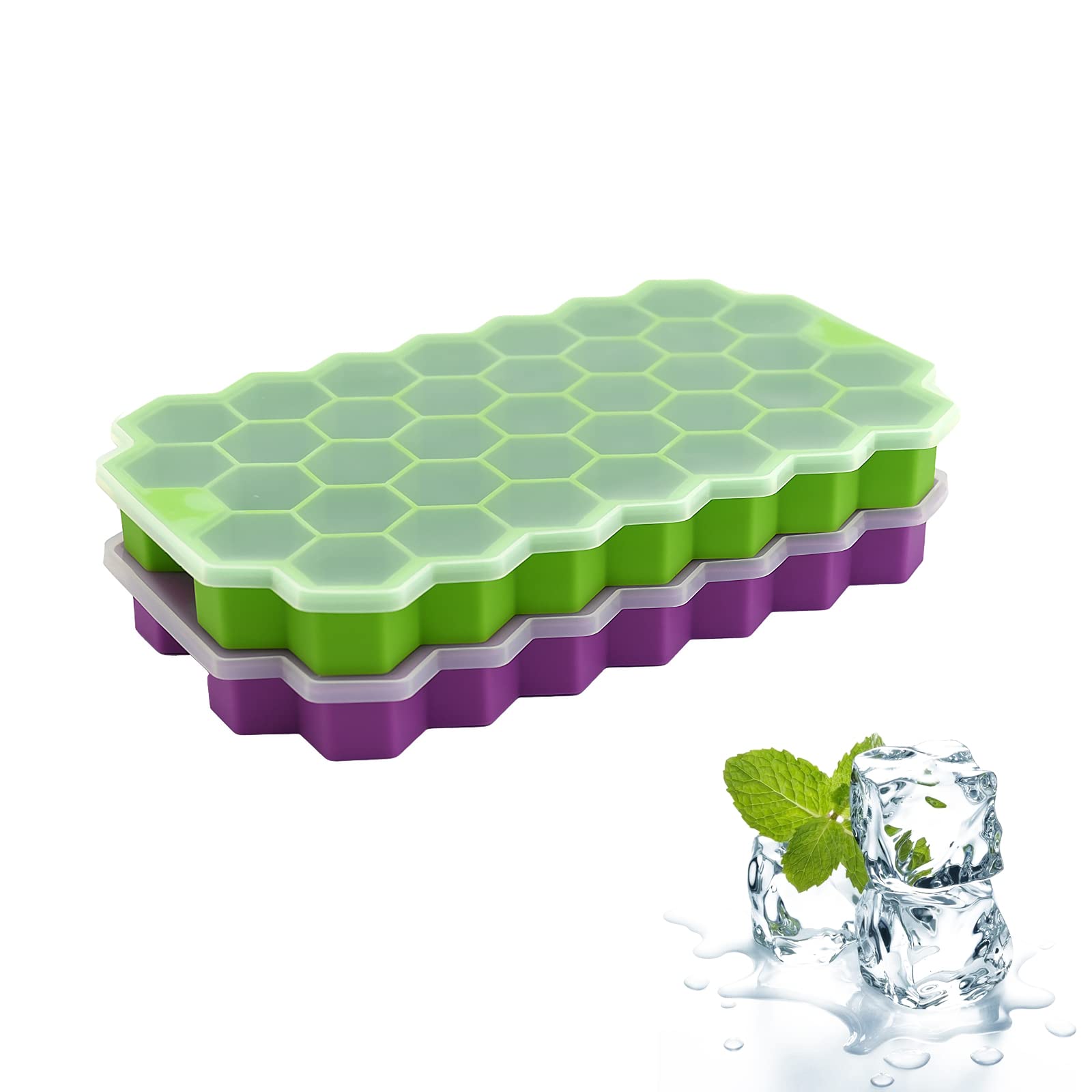 Premium Silicone Ice Cube Trays 2-Pack with Lids - BPA Free, Flexible & Easy Release for 74 Cubes - Perfect for Chilled Drinks, Whiskey, Cocktails & Party Beverages - Stackable Design (Purple, Green) - Ideal for Home Bars, Entertaining & Summer Refreshments