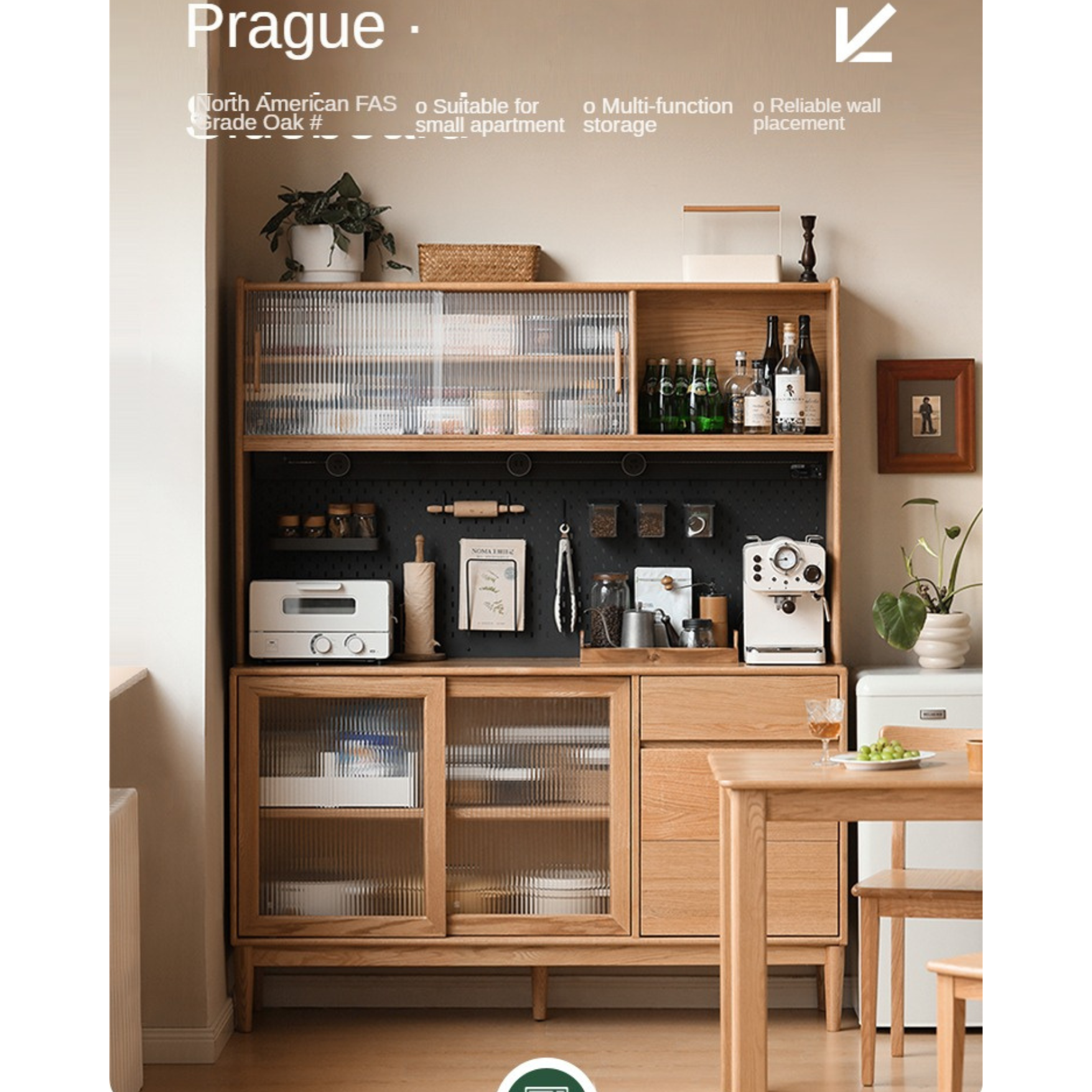 Solid Oak Wood Modern Dining Sideboard - Wall-Mounted Buffet Cabinet for Dining Room Storage & Decor